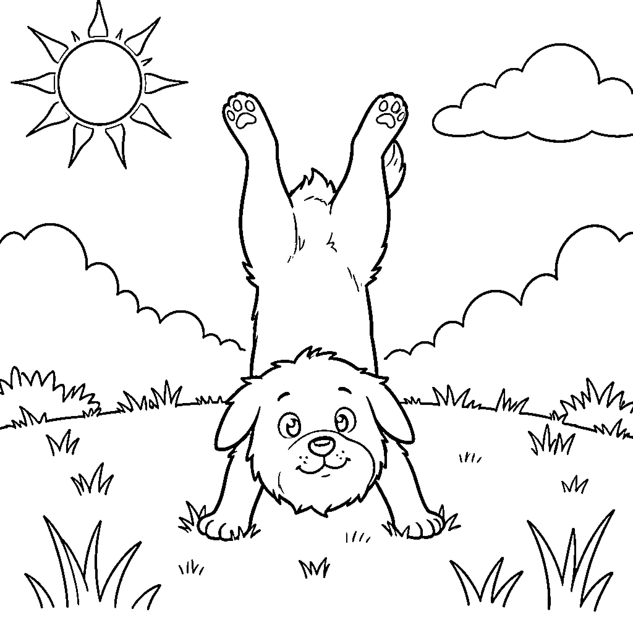 Dog playing happily in the sun Coloring Page (free black-and-white line drawing printable PDF for all, from beginners to advanced learners, including children, teens, adults, and seniors)