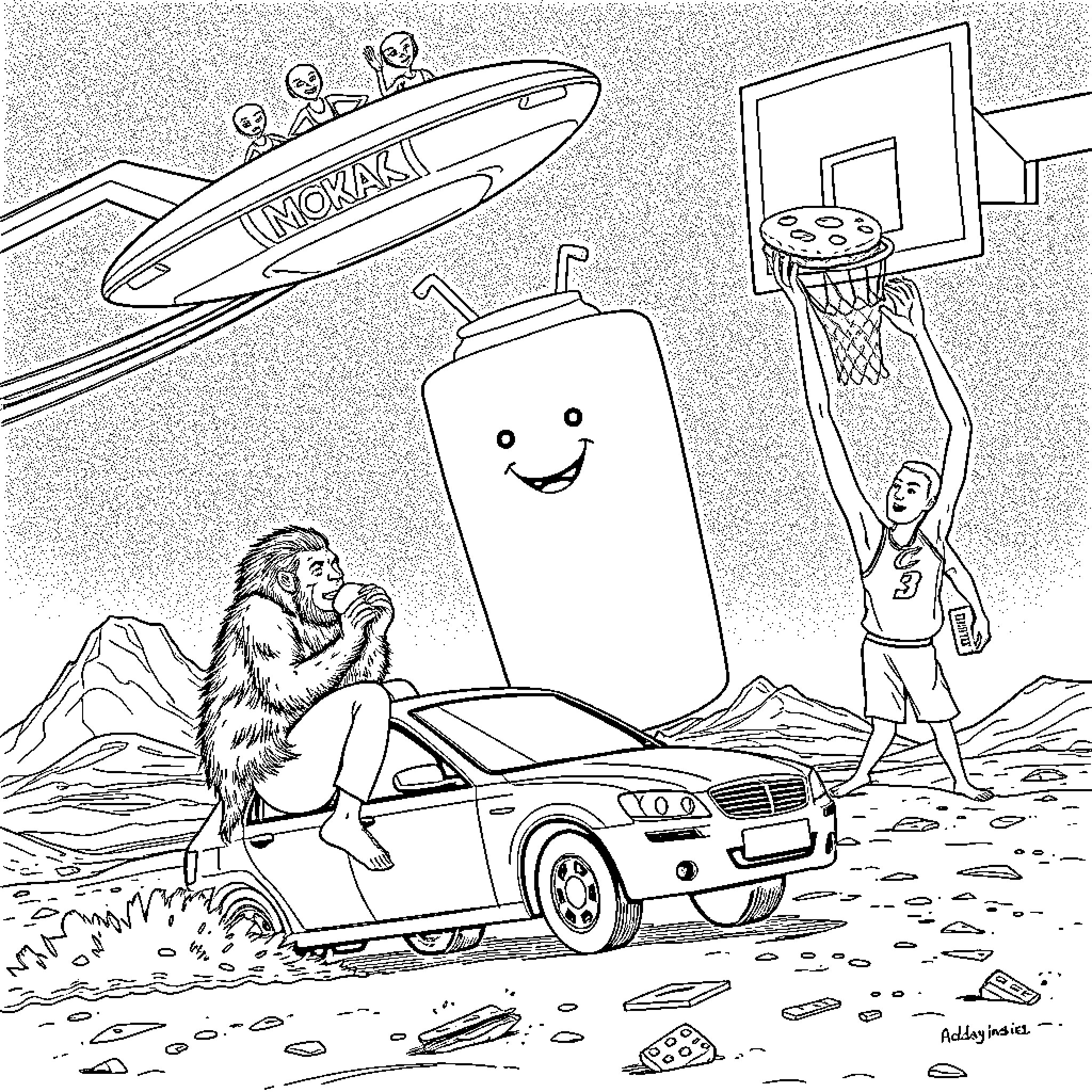 Thucydides' Intergalactic Basketball Adventure Coloring Page (free black-and-white line drawing printable PDF for all, from beginners to advanced learners, including children, teens, adults, and seniors)