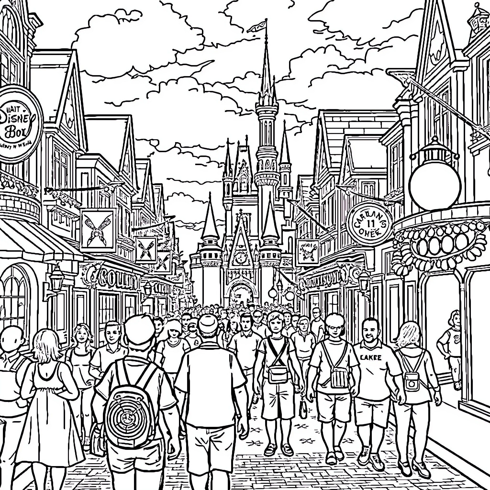 Main Street Bustling with Diverse Crowds and Attractions Coloring Page (free black-and-white line drawing printable PDF for all, from beginners to advanced learners, including children, teens, adults, and seniors)