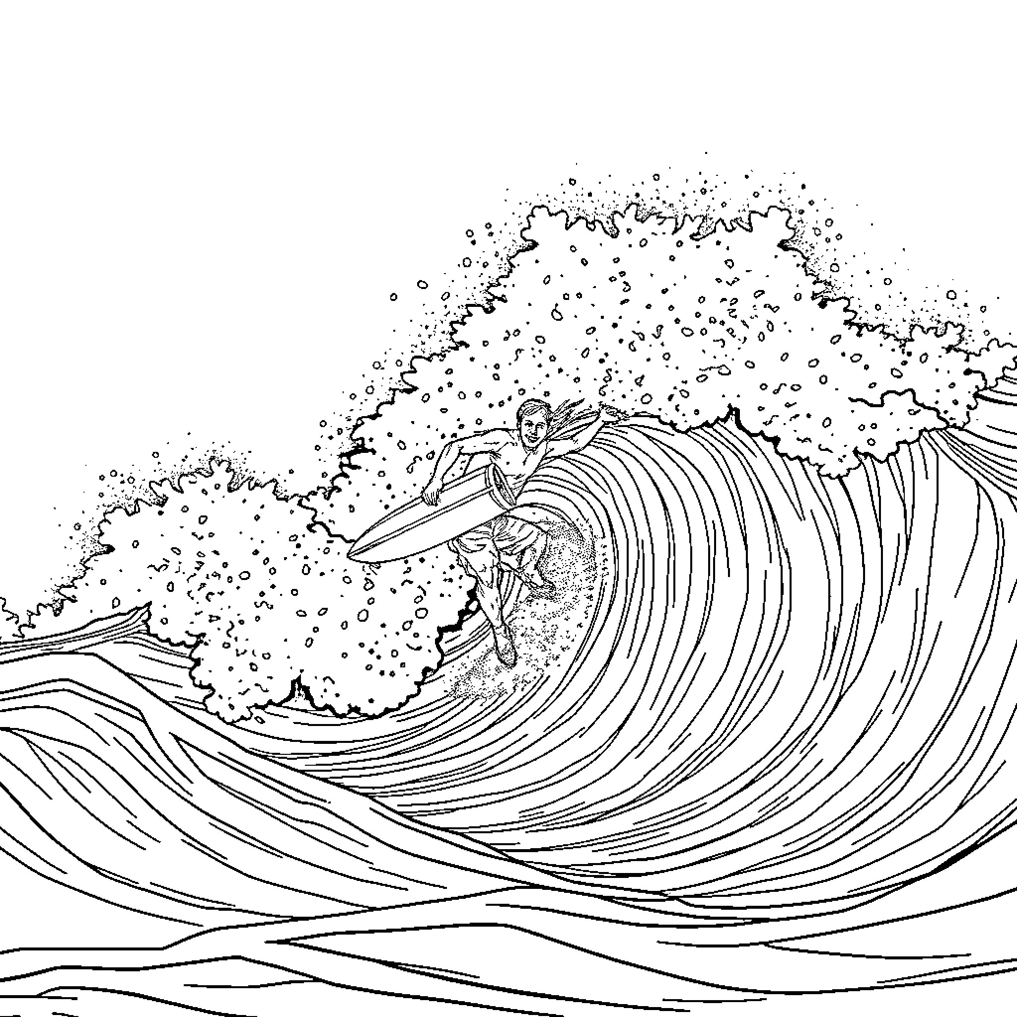 Surfer riding majestic ocean wave Coloring Page (free black-and-white line drawing printable PDF for all, from beginners to advanced learners, including children, teens, adults, and seniors)