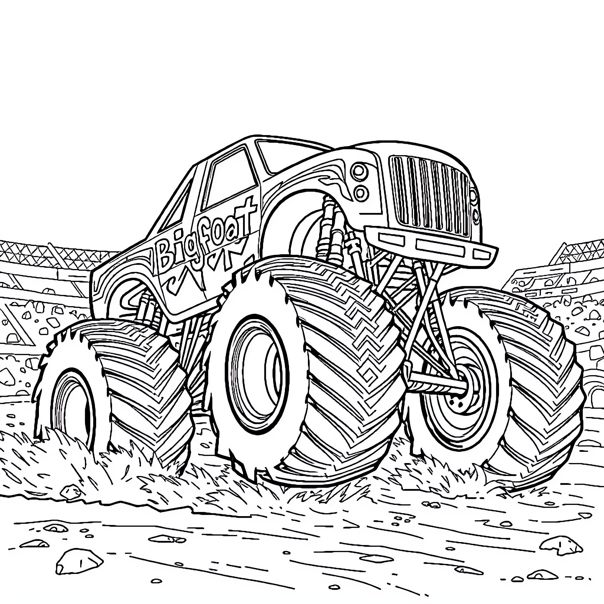 Bigfoot monster truck crushing the ground Coloring Page (free black-and-white line drawing printable PDF for all, from beginners to advanced learners, including children, teens, adults, and seniors)