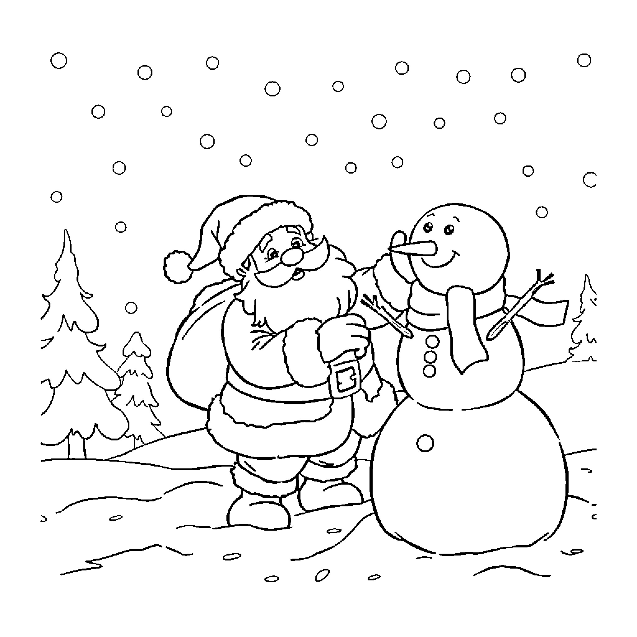 Santa and Snowman Enjoying Snowy Winter Scene Coloring Page (free black-and-white line drawing printable PDF for all, from beginners to advanced learners, including children, teens, adults, and seniors)