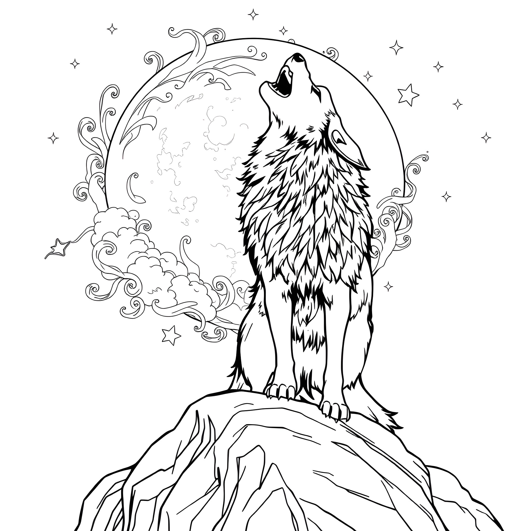 Wolf howling under the moonlight Coloring Page (free black-and-white line drawing printable PDF for all, from beginners to advanced learners, including children, teens, adults, and seniors)