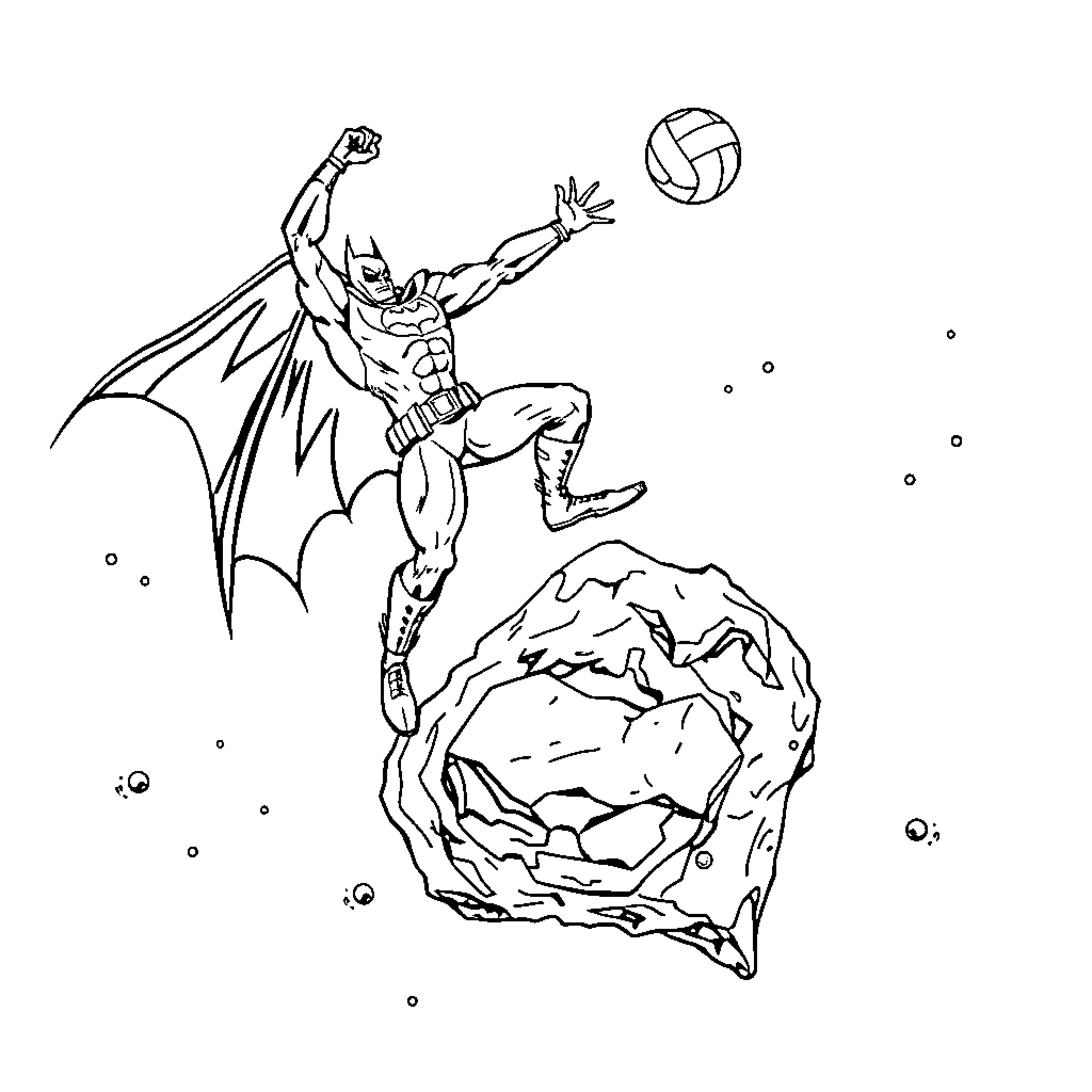 Batman leaping to spike a volleyball on a rocky terrain Coloring Page (free black-and-white line drawing printable PDF for all, from beginners to advanced learners, including children, teens, adults, and seniors)