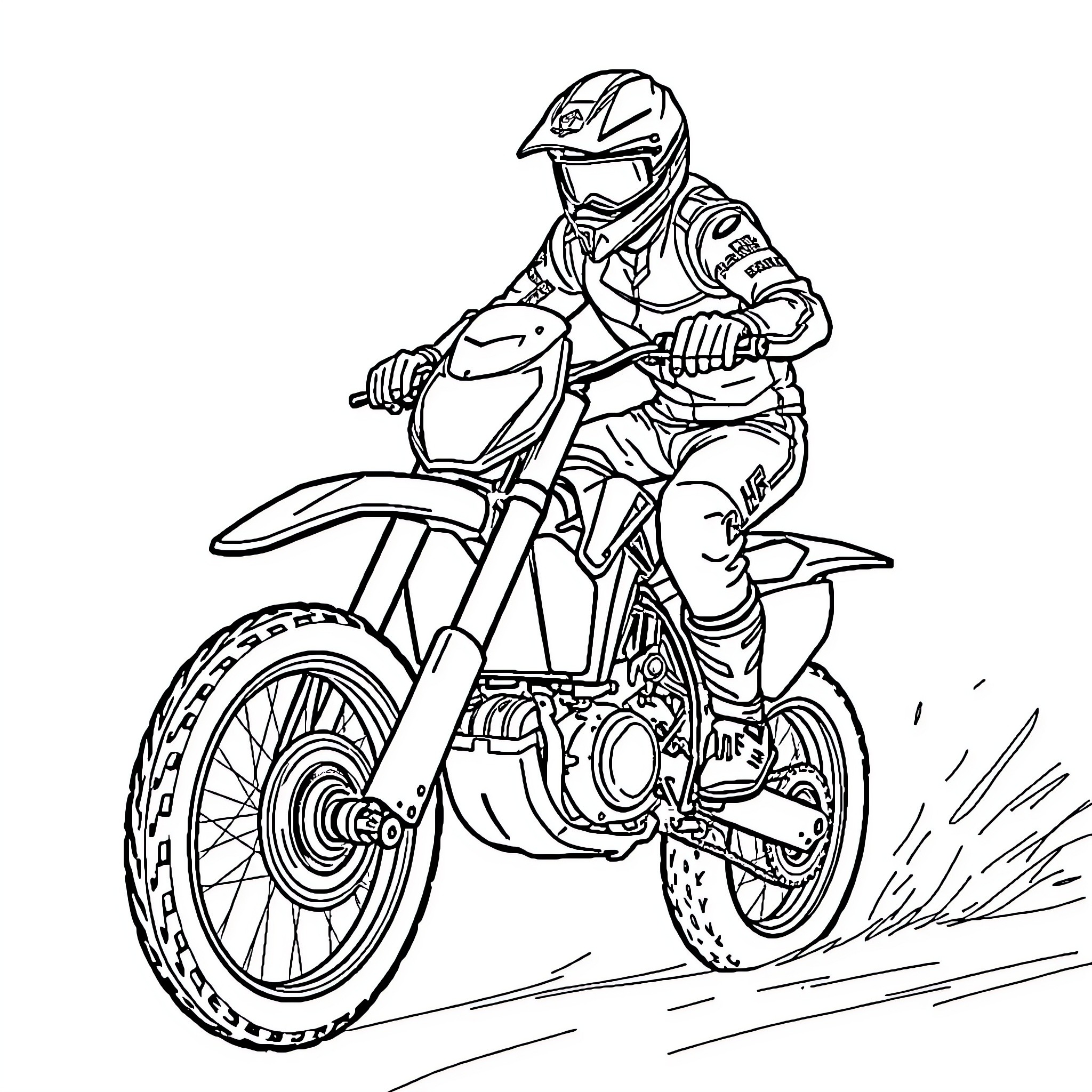 Dirt Bike Racer Riding Through Dirt Track Coloring Page (free black-and-white line drawing printable PDF for all, from beginners to advanced learners, including children, teens, adults, and seniors)