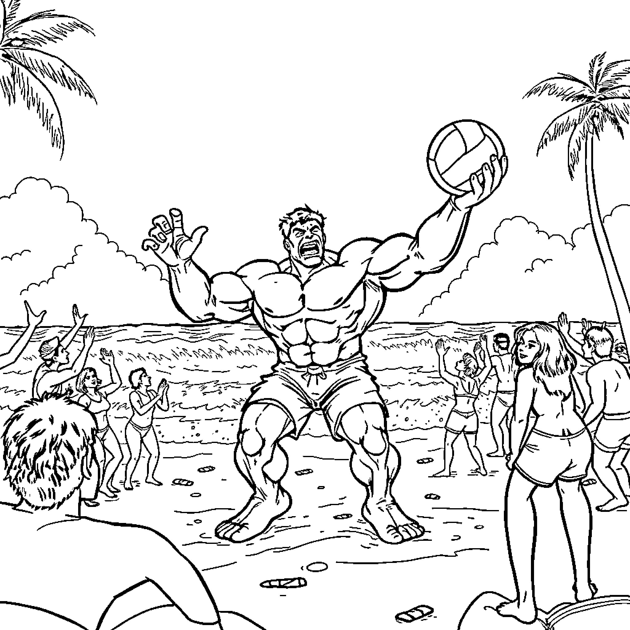 Hulk plays beach volleyball with beachgoers Coloring Page (free black-and-white line drawing printable PDF for all, from beginners to advanced learners, including children, teens, adults, and seniors)