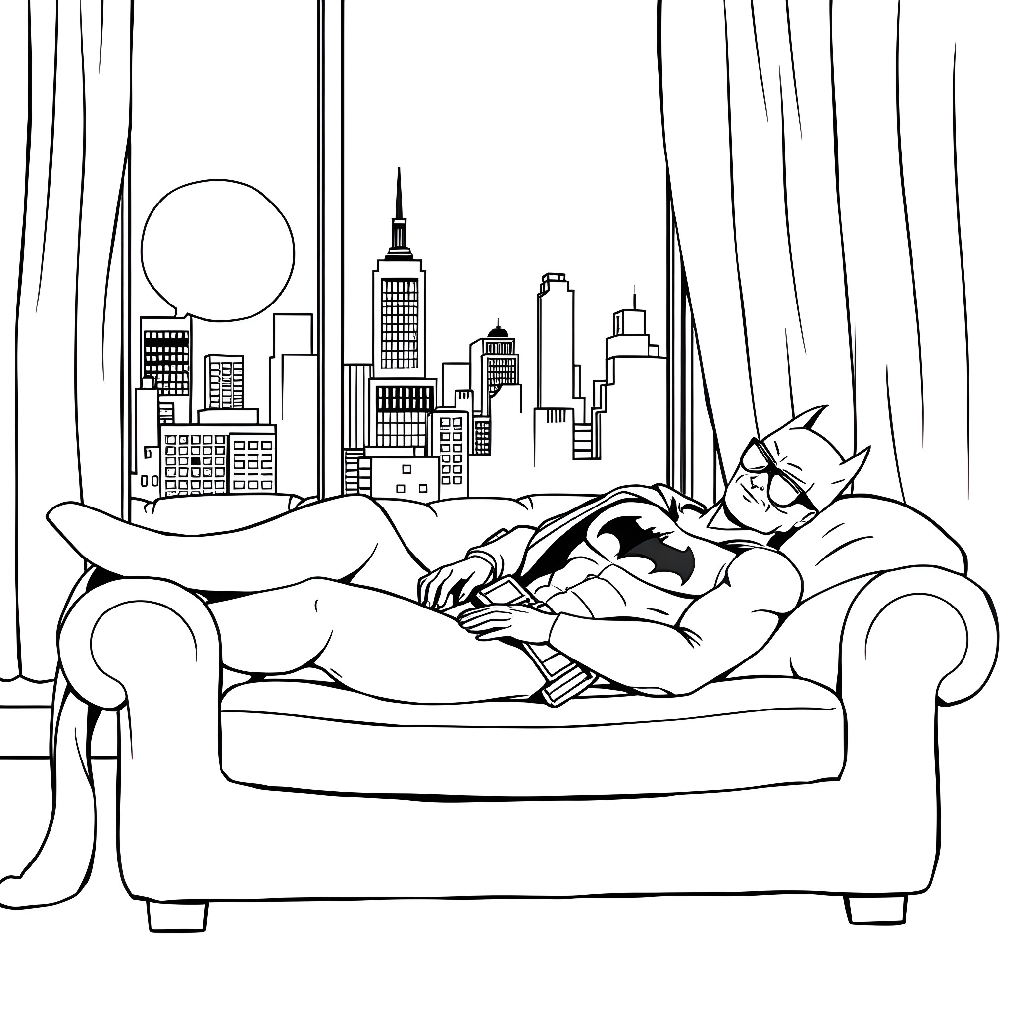 Batman relaxing on the couch in the city Coloring Page (free black-and-white line drawing printable PDF for all, from beginners to advanced learners, including children, teens, adults, and seniors)