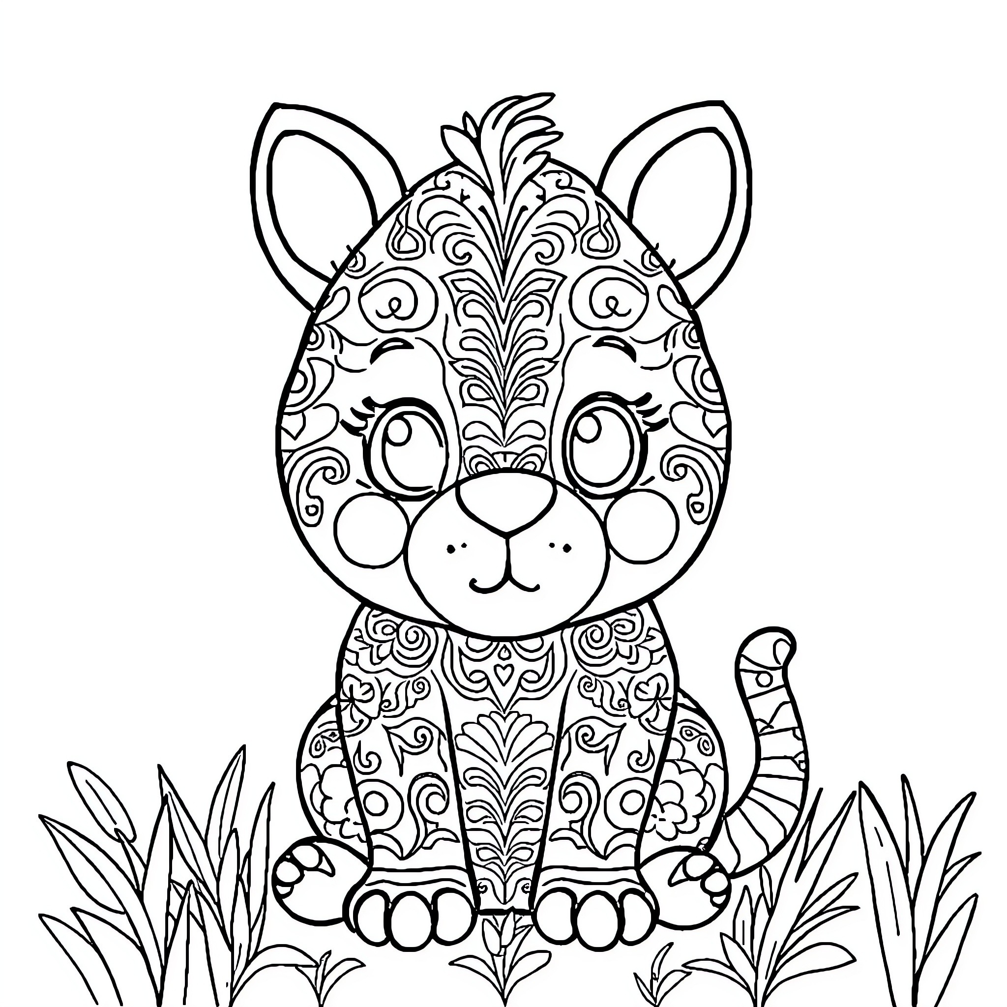 Animal sitting in tall grass with ornate patterns Coloring Page (free black-and-white line drawing printable PDF for all, from beginners to advanced learners, including children, teens, adults, and seniors)