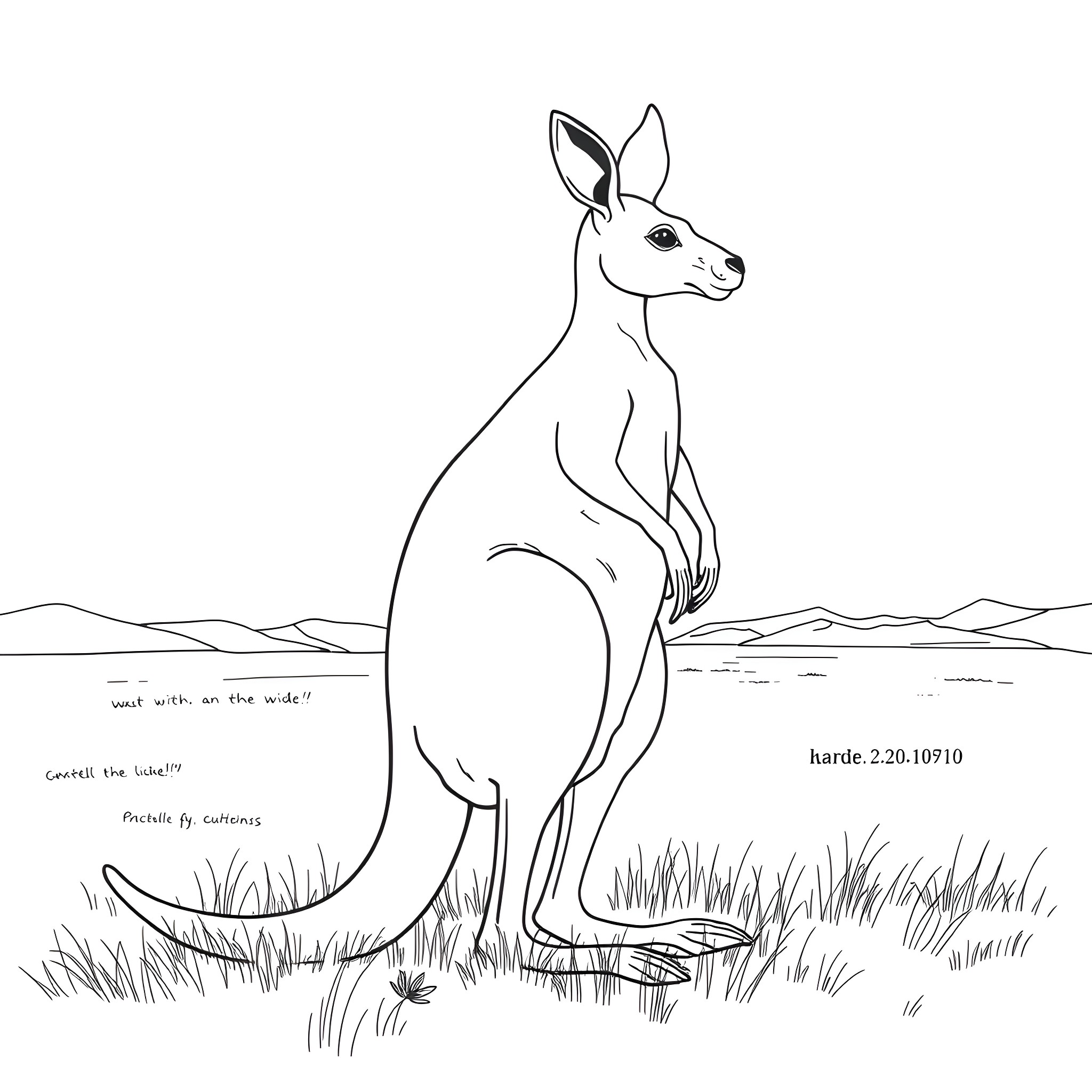 Kangaroo standing in the grasslands Coloring Page (free black-and-white line drawing printable PDF for all, from beginners to advanced learners, including children, teens, adults, and seniors)