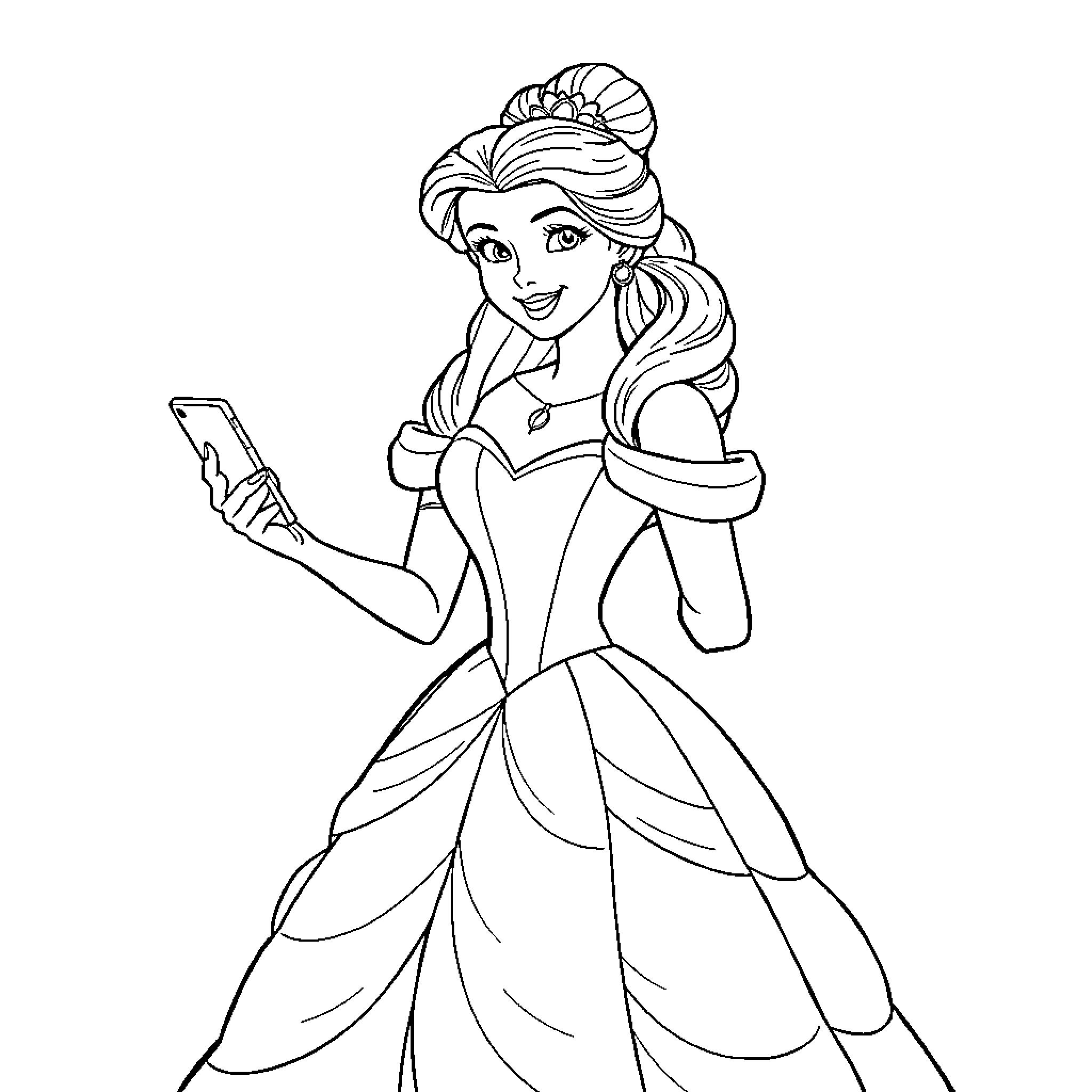 Belle using a smartphone in her elegant gown Coloring Page (free black-and-white line drawing printable PDF for all, from beginners to advanced learners, including children, teens, adults, and seniors)