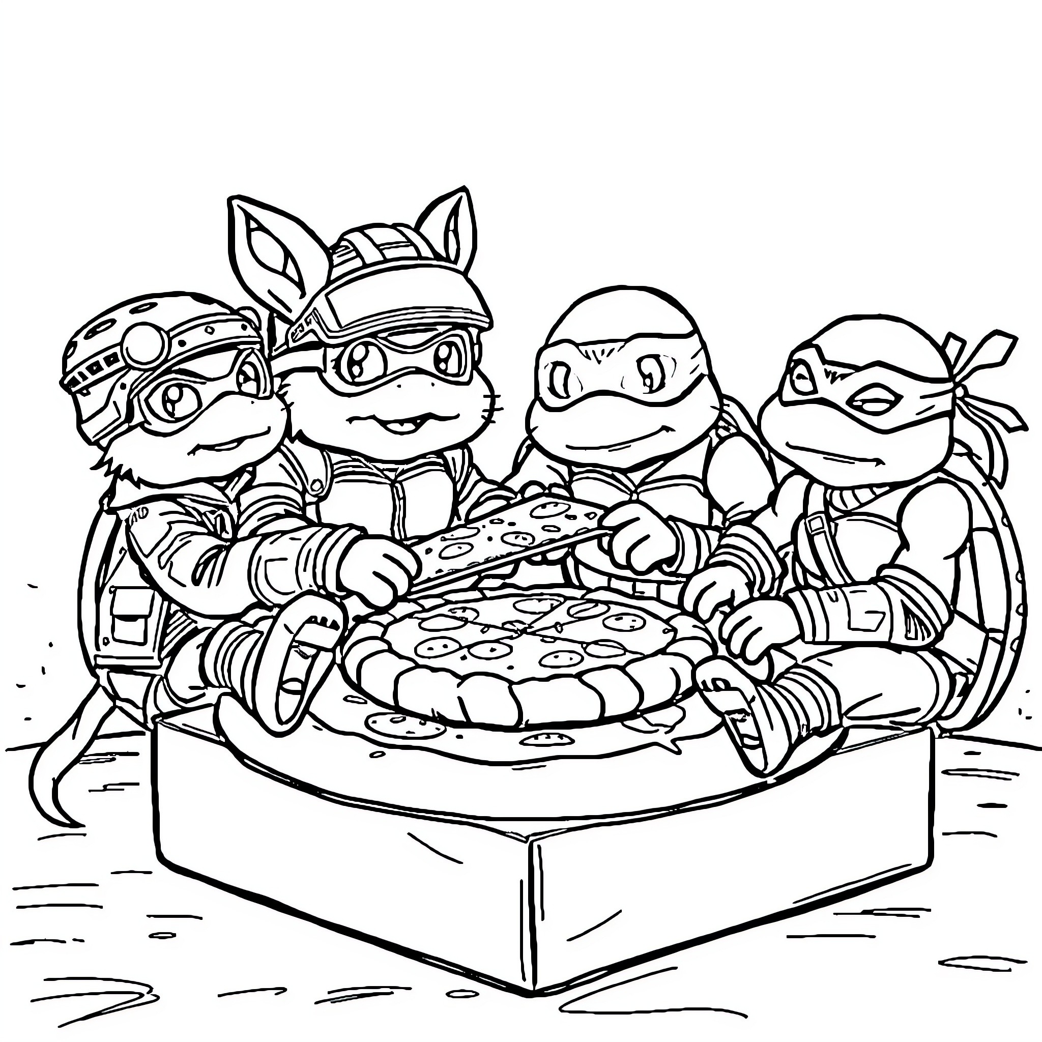 Bikermice enjoying a pizza party together Coloring Page (free black-and-white line drawing printable PDF for all, from beginners to advanced learners, including children, teens, adults, and seniors)