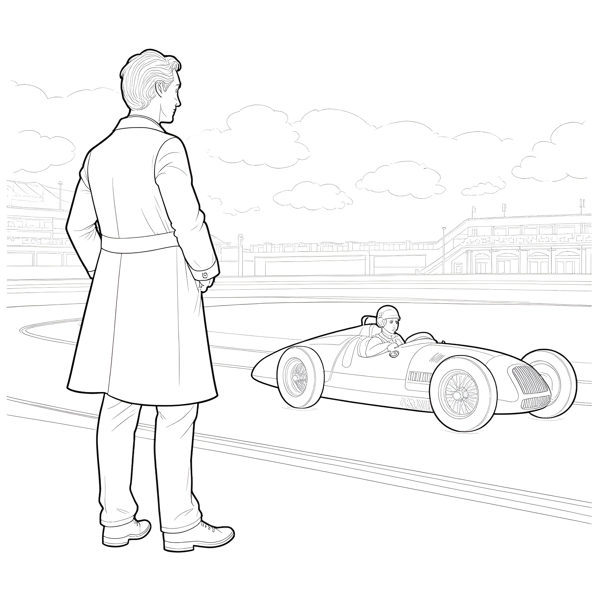 Doctor observing race car driver in action Coloring Page (free black-and-white line drawing printable PDF for all, from beginners to advanced learners, including children, teens, adults, and seniors)