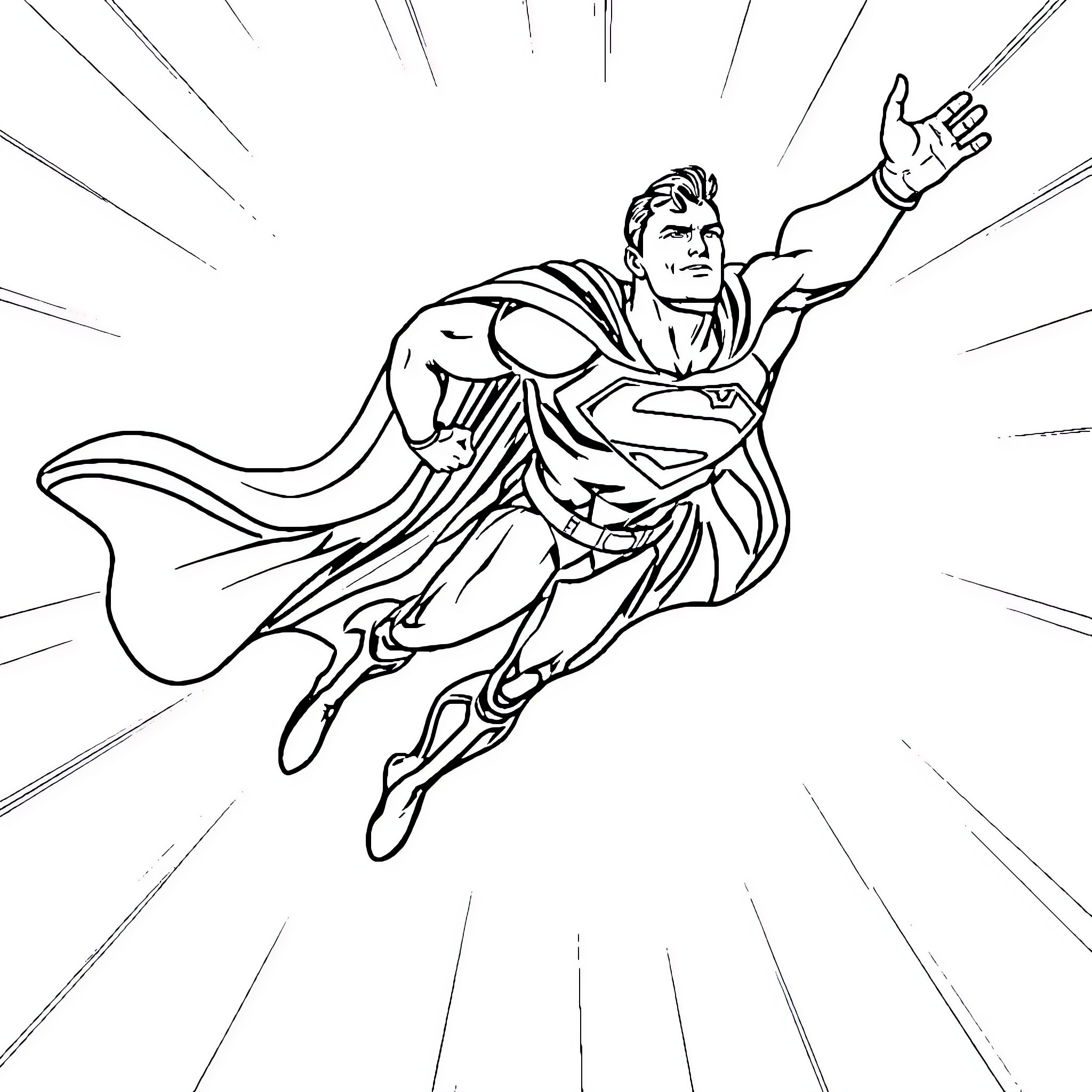 Superman soaring heroically through the sky Coloring Page (free black-and-white line drawing printable PDF for all, from beginners to advanced learners, including children, teens, adults, and seniors)