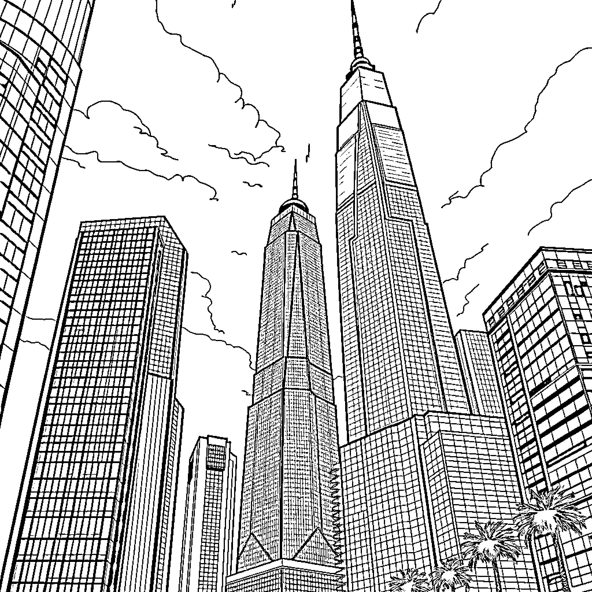 Giantess skyscraper towers over city skyline Coloring Page (free black-and-white line drawing printable PDF for all, from beginners to advanced learners, including children, teens, adults, and seniors)