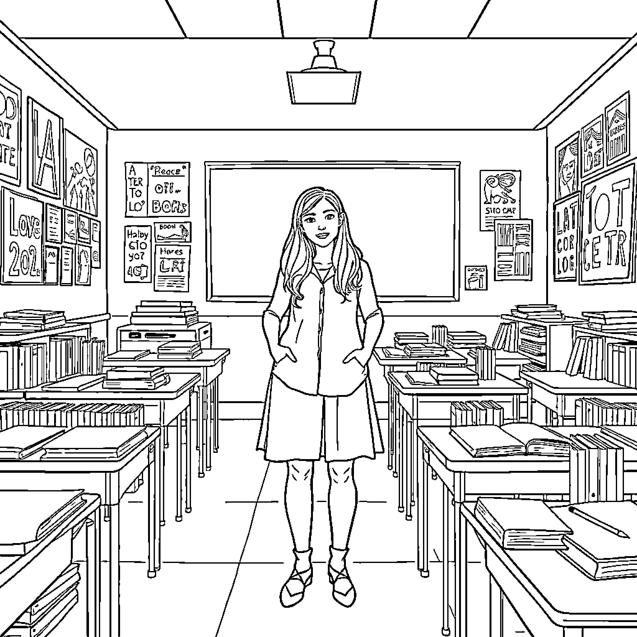 Rachel Thorpe standing in a classroom with books and posters Coloring Page (free black-and-white line drawing printable PDF for all, from beginners to advanced learners, including children, teens, adults, and seniors)