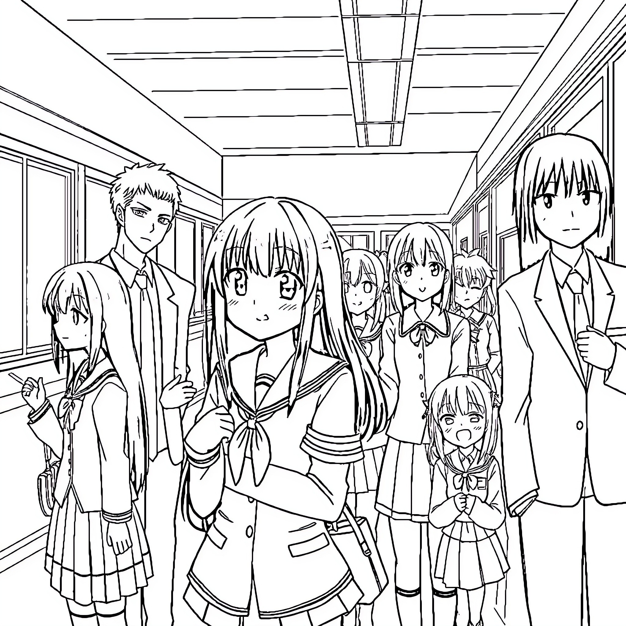 Yandere Simulator: Students in a school hallway Coloring Page (free black-and-white line drawing printable PDF for all, from beginners to advanced learners, including children, teens, adults, and seniors)