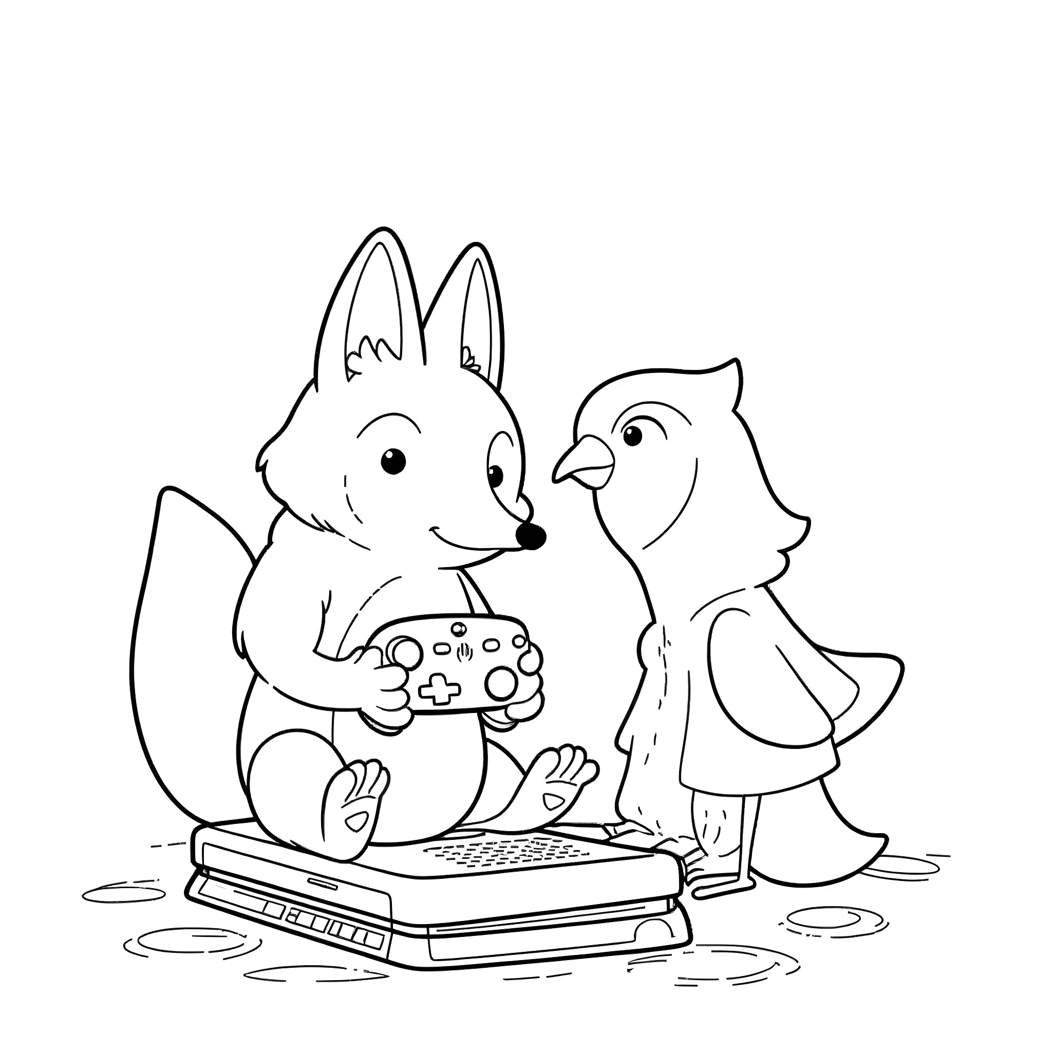 Fox playing video games with bird friend Coloring Page (free black-and-white line drawing printable PDF for all, from beginners to advanced learners, including children, teens, adults, and seniors)