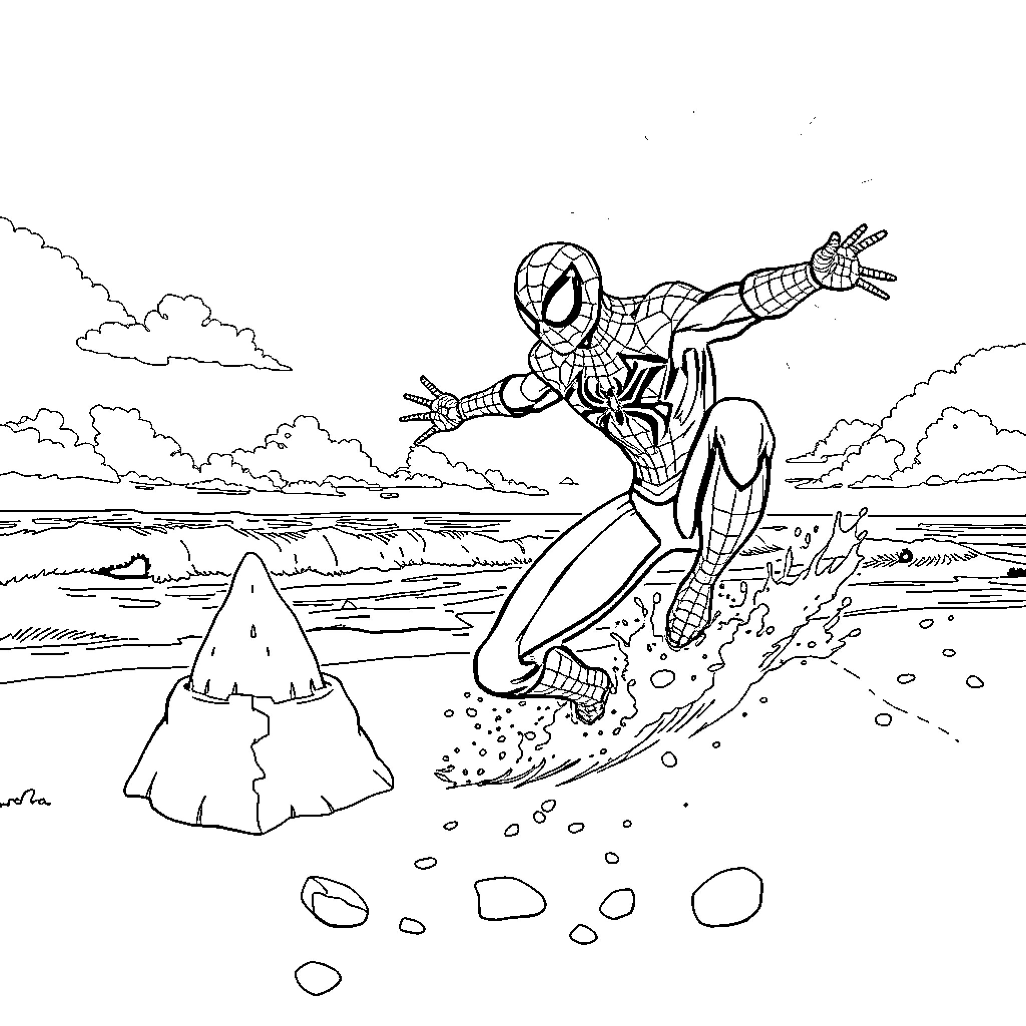 Spiderman swinging through the city with web shooters Coloring Page (free black-and-white line drawing printable PDF for all, from beginners to advanced learners, including children, teens, adults, and seniors)