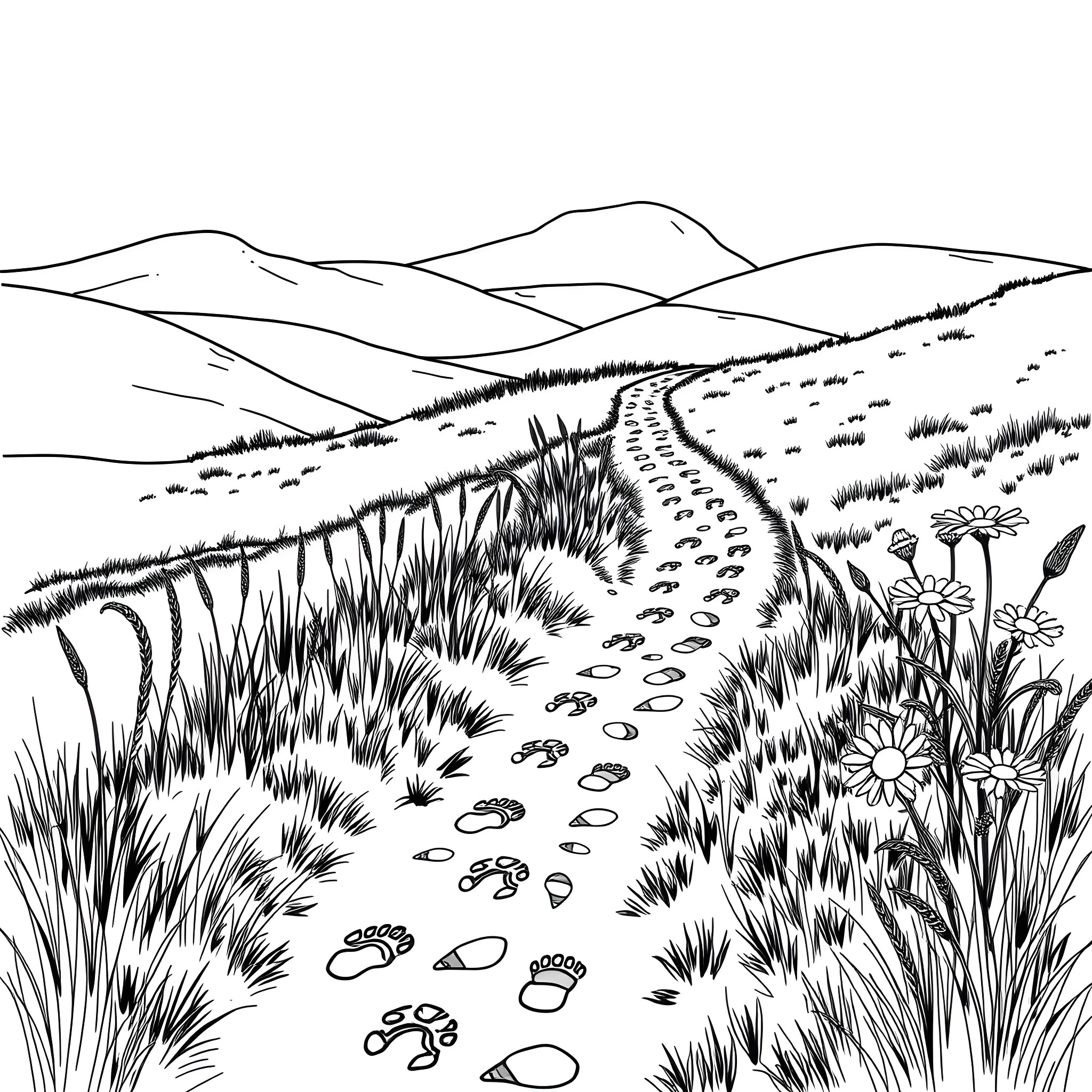 Animal Footprint on Winding Path through Hilly Landscape Coloring Page (free black-and-white line drawing printable PDF for all, from beginners to advanced learners, including children, teens, adults, and seniors)