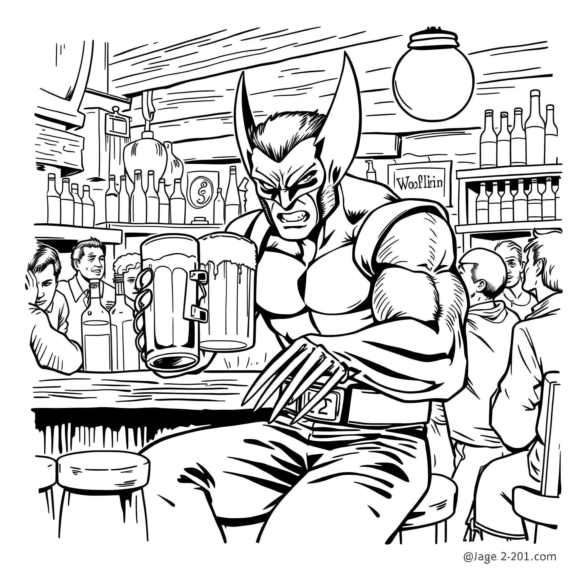 Wolverine working at a bar with his superhuman strength Coloring Page (free black-and-white line drawing printable PDF for all, from beginners to advanced learners, including children, teens, adults, and seniors)