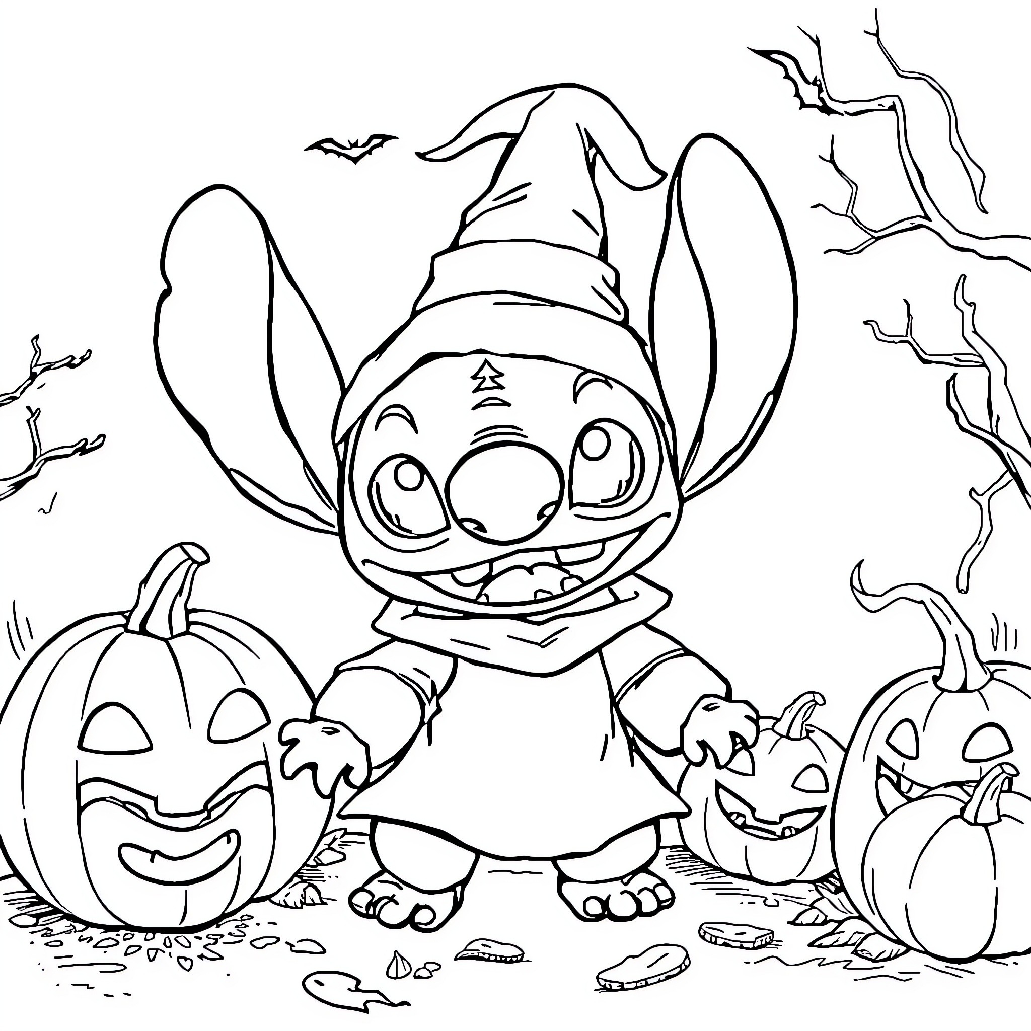 Stitch Celebrating Halloween with Jack-o'-Lanterns Coloring Page (free black-and-white line drawing printable PDF for all, from beginners to advanced learners, including children, teens, adults, and seniors)