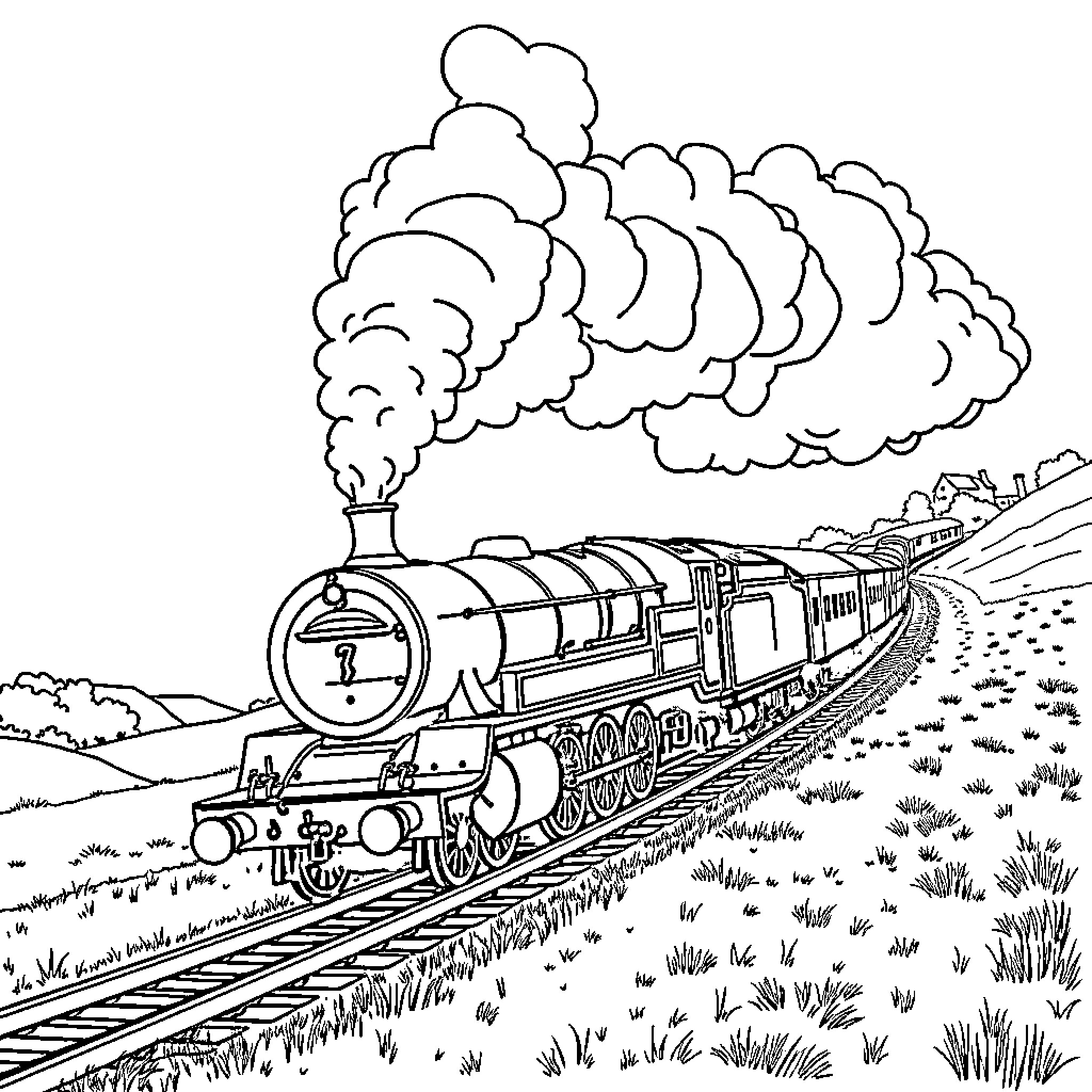 Locomotive speeding through scenic countryside Coloring Page (free black-and-white line drawing printable PDF for all, from beginners to advanced learners, including children, teens, adults, and seniors)