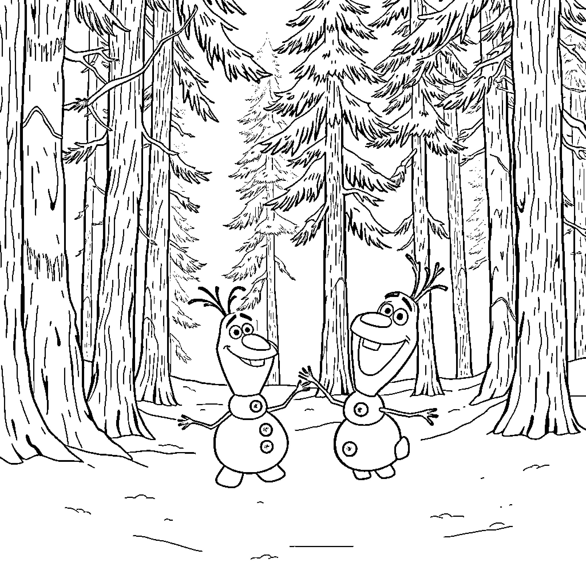 Elsa's friends Olaf dancing in a snowy forest Coloring Page (free black-and-white line drawing printable PDF for all, from beginners to advanced learners, including children, teens, adults, and seniors)