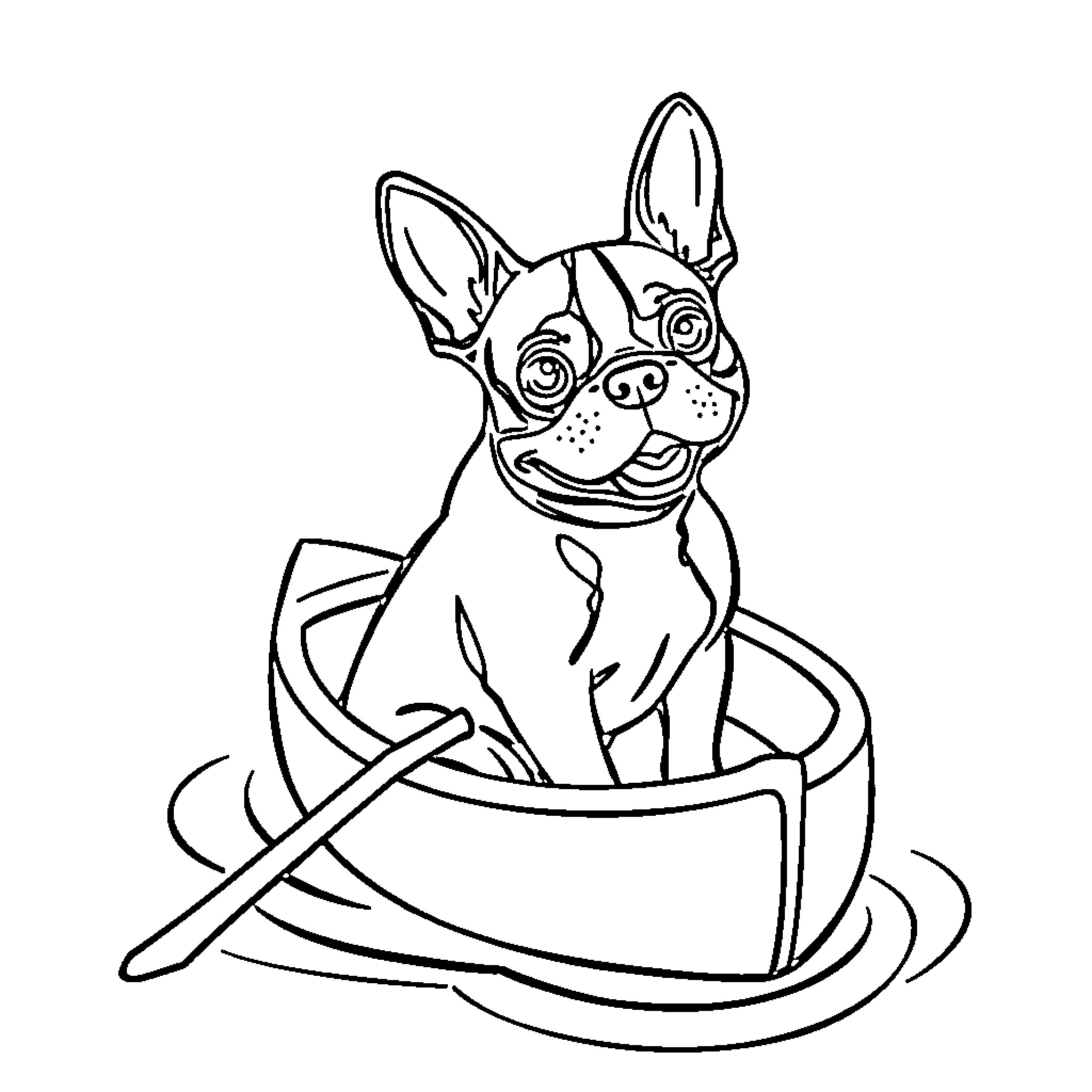 Boston Terrier playing in a basket Coloring Page (free black-and-white line drawing printable PDF for all, from beginners to advanced learners, including children, teens, adults, and seniors)