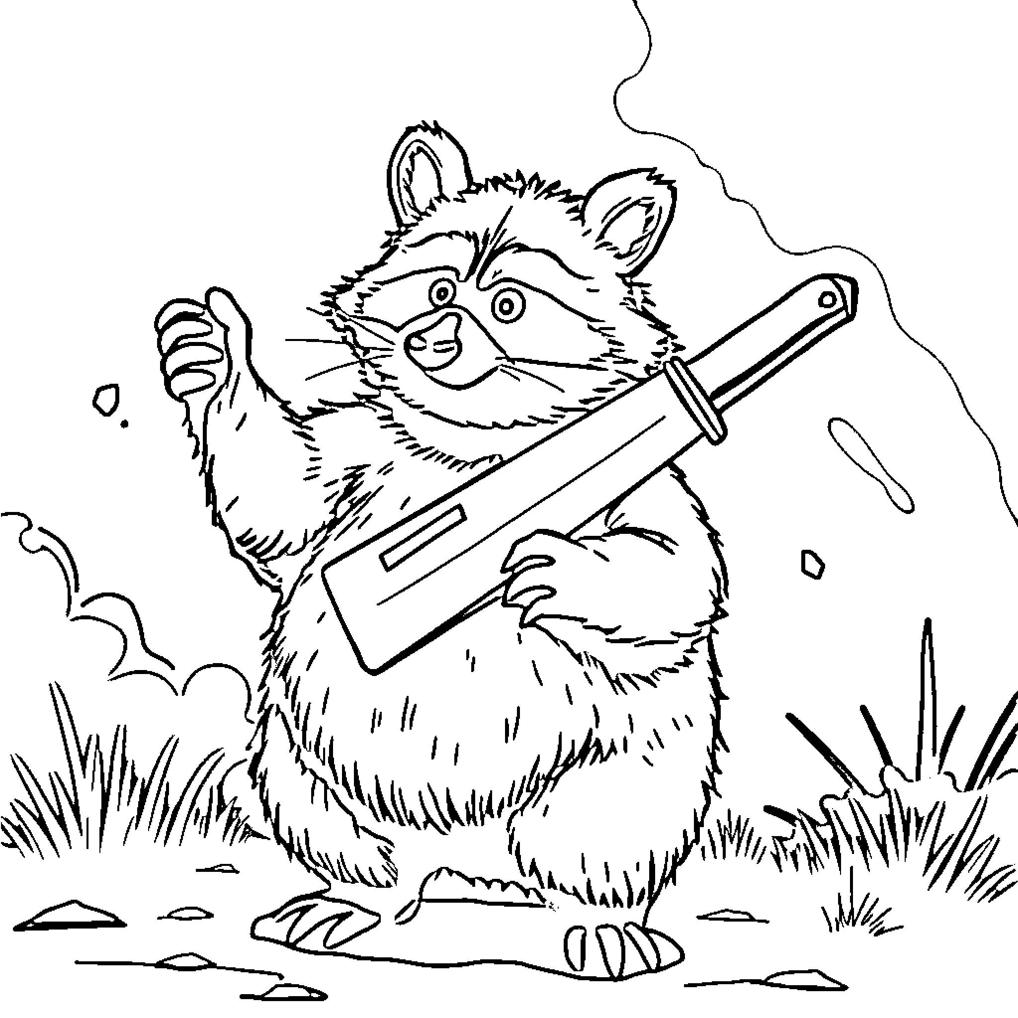 Raccoon wielding a power tool in the outdoors Coloring Page (free black-and-white line drawing printable PDF for all, from beginners to advanced learners, including children, teens, adults, and seniors)
