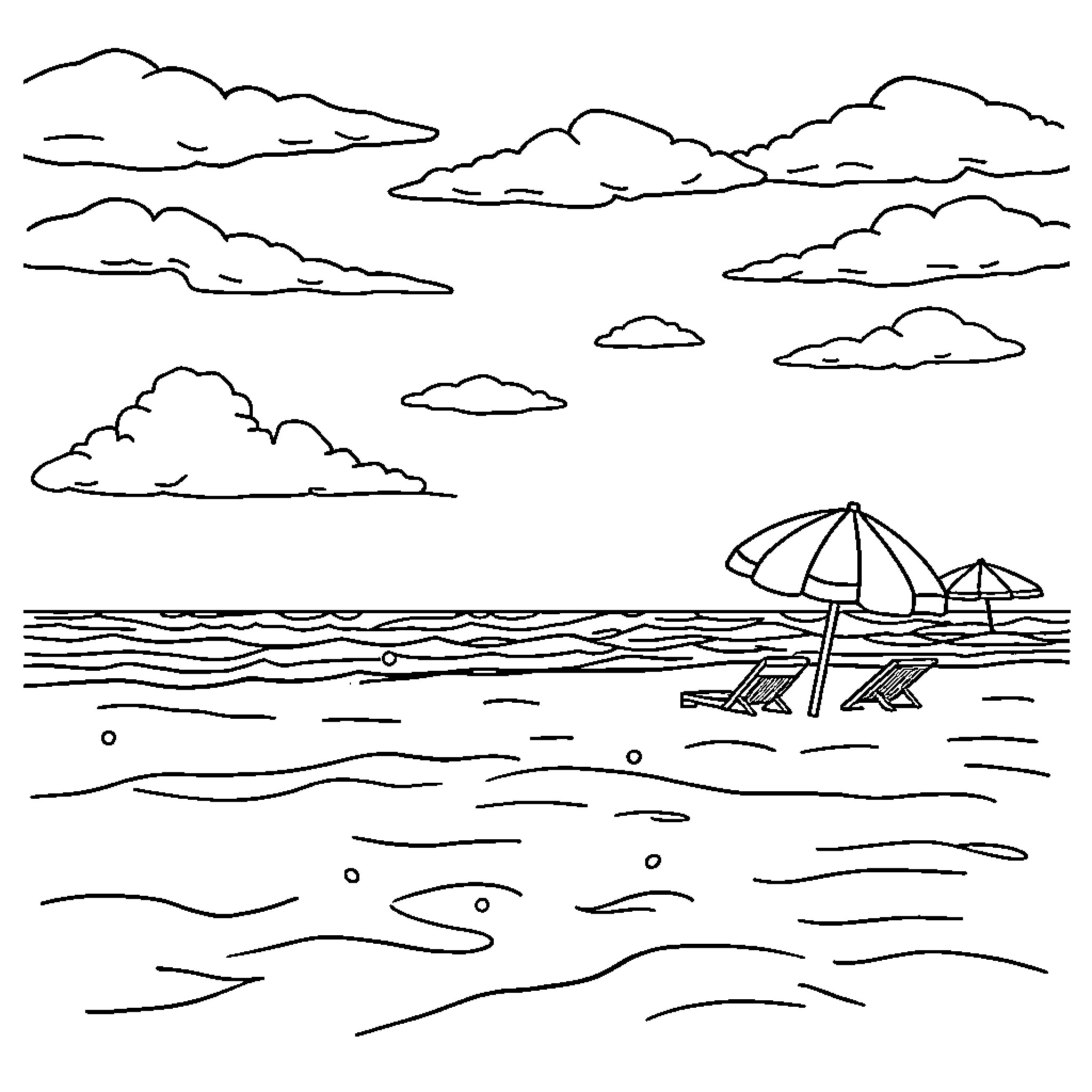 Beach scene with sun umbrellas and waves Coloring Page (free black-and-white line drawing printable PDF for all, from beginners to advanced learners, including children, teens, adults, and seniors)
