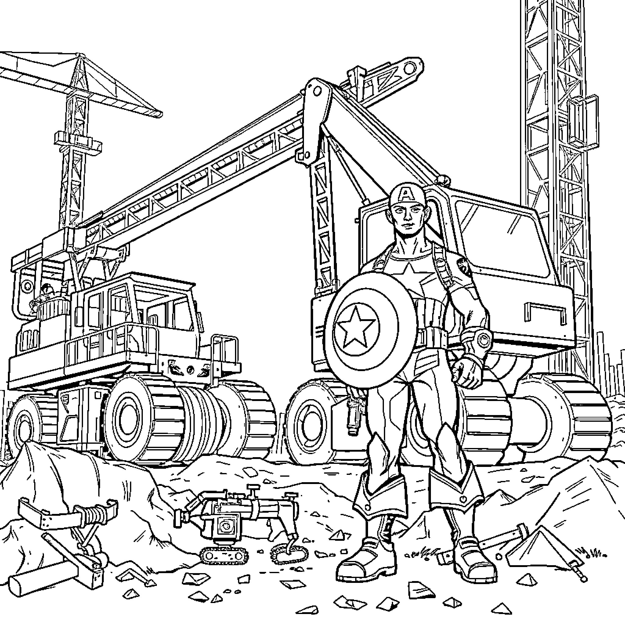 Captain America on an Industrial Construction Site Coloring Page (free black-and-white line drawing printable PDF for all, from beginners to advanced learners, including children, teens, adults, and seniors)