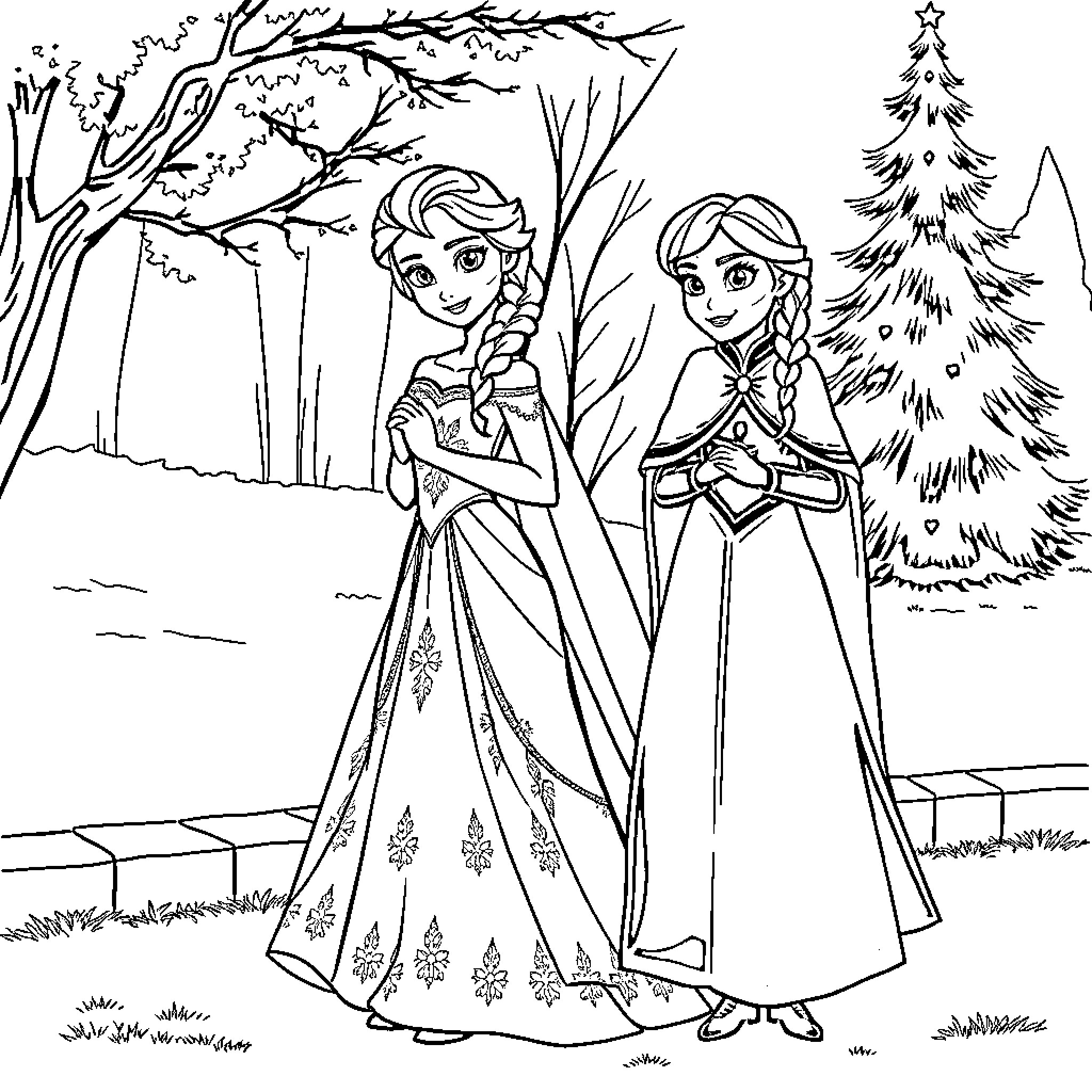 Elsa and Anna in Winter Wonderland Coloring Page (free black-and-white line drawing printable PDF for all, from beginners to advanced learners, including children, teens, adults, and seniors)