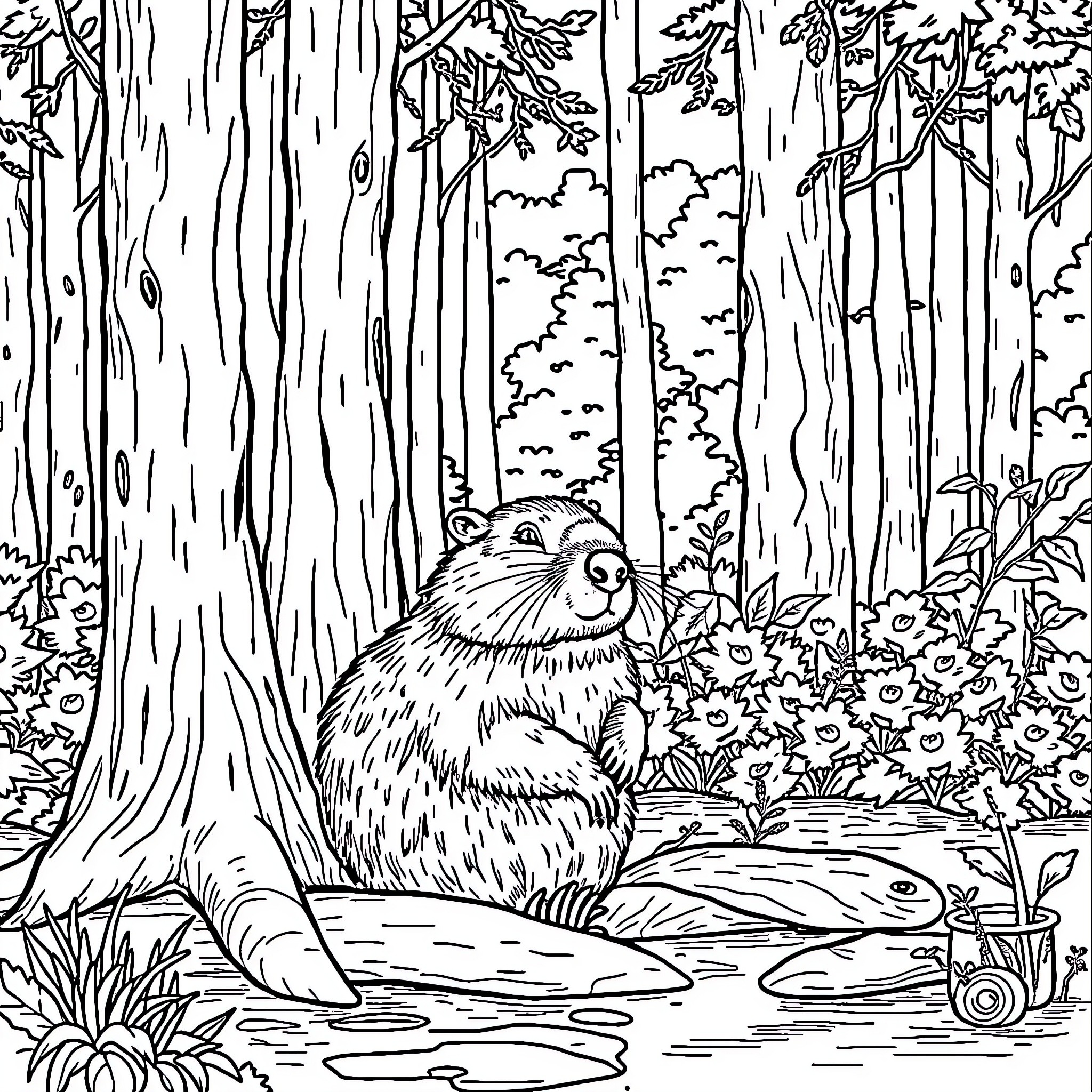 Beaver exploring the enchanted forest Coloring Page (free black-and-white line drawing printable PDF for all, from beginners to advanced learners, including children, teens, adults, and seniors)