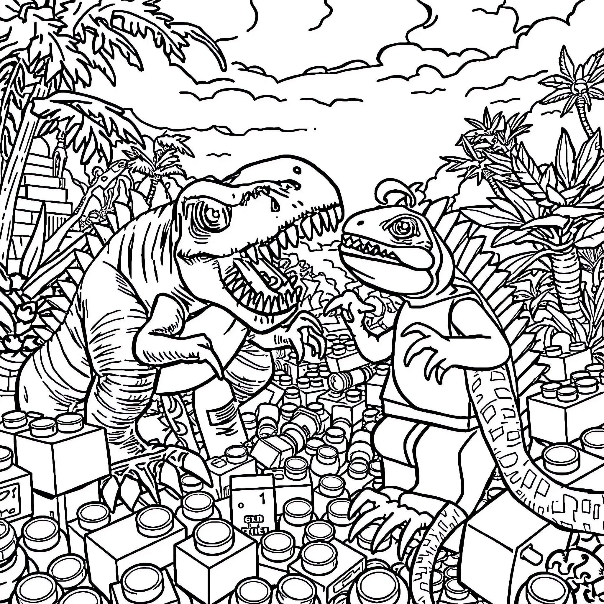 Dinosaurs battling fiercely in prehistoric landscape Coloring Page (free black-and-white line drawing printable PDF for all, from beginners to advanced learners, including children, teens, adults, and seniors)