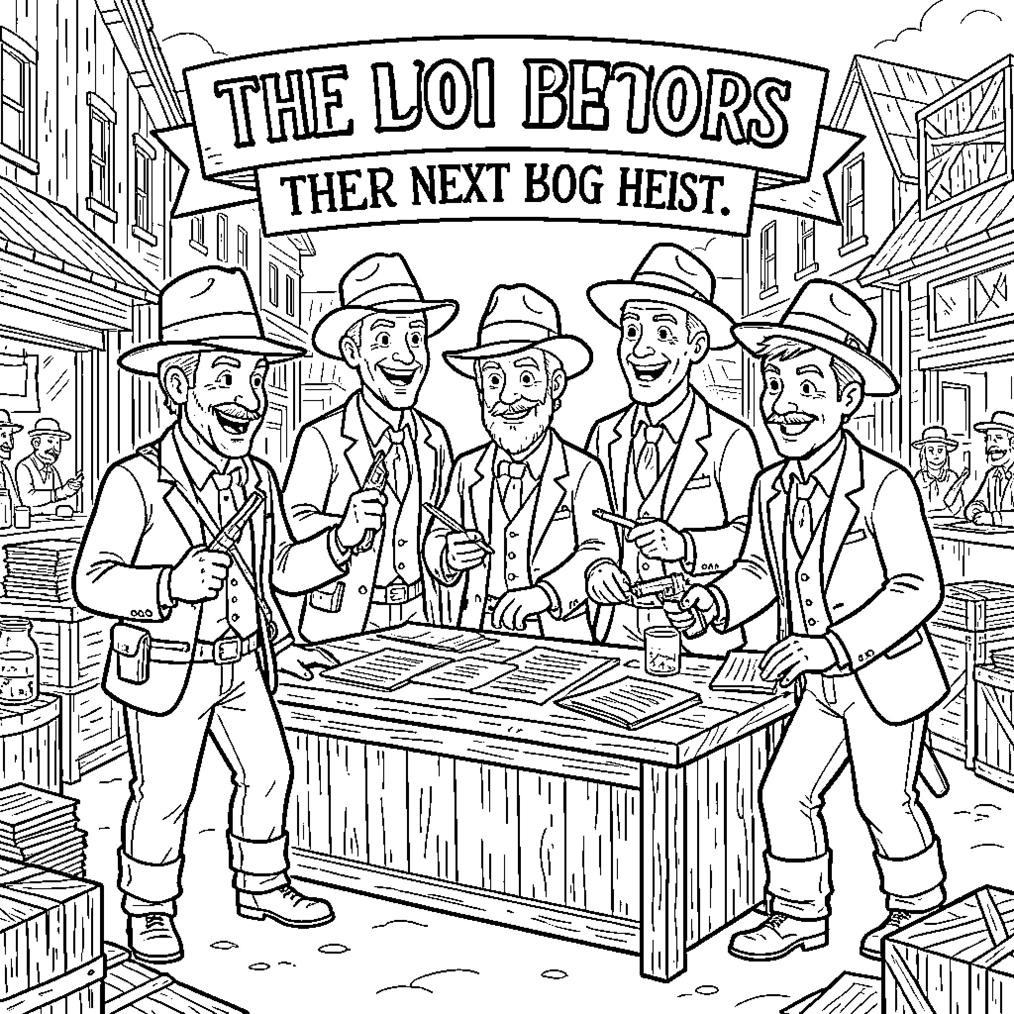 Dalton and his crew planning a heist around a table Coloring Page (free black-and-white line drawing printable PDF for all, from beginners to advanced learners, including children, teens, adults, and seniors)