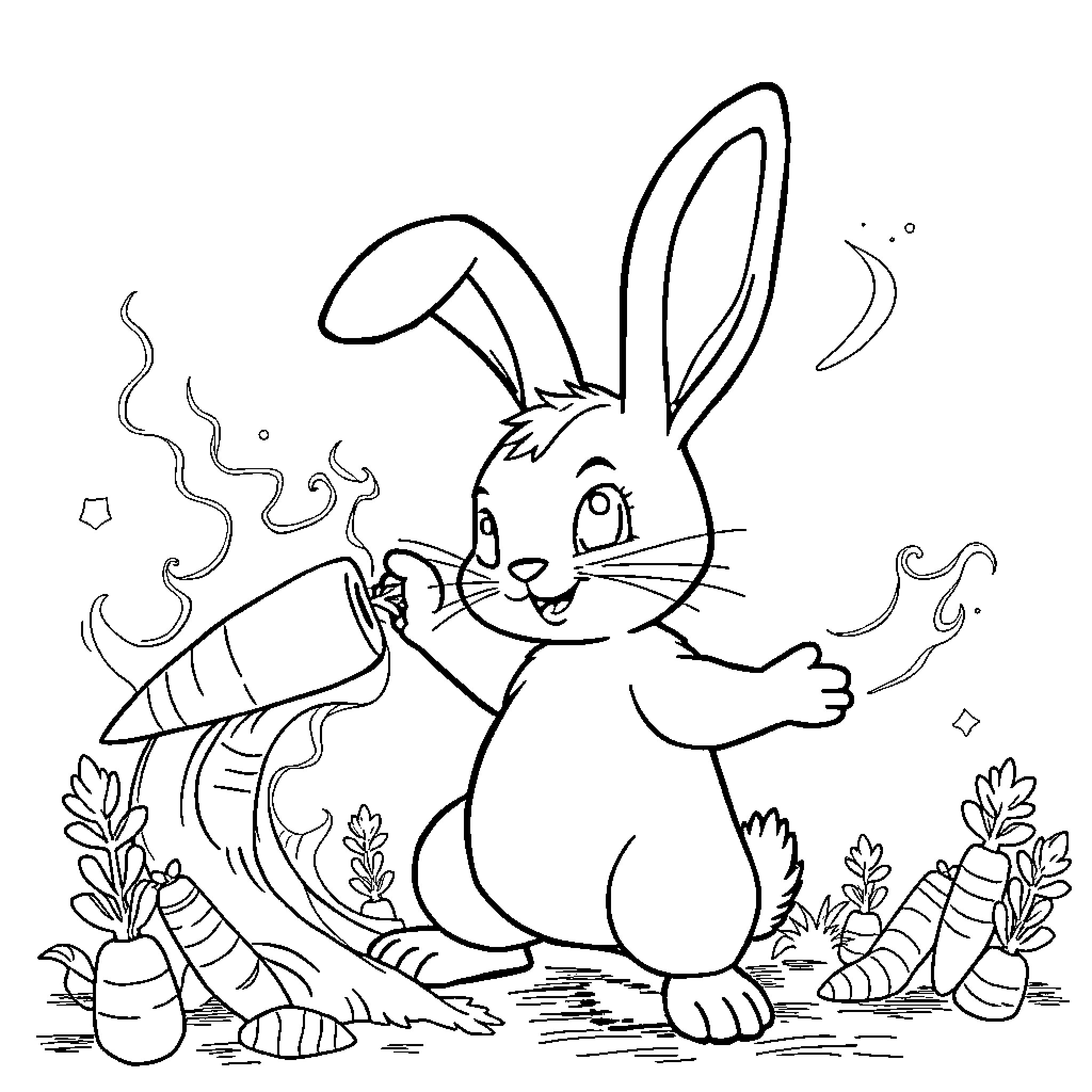 Rabbit enjoying a carrot in the garden Coloring Page (free black-and-white line drawing printable PDF for all, from beginners to advanced learners, including children, teens, adults, and seniors)