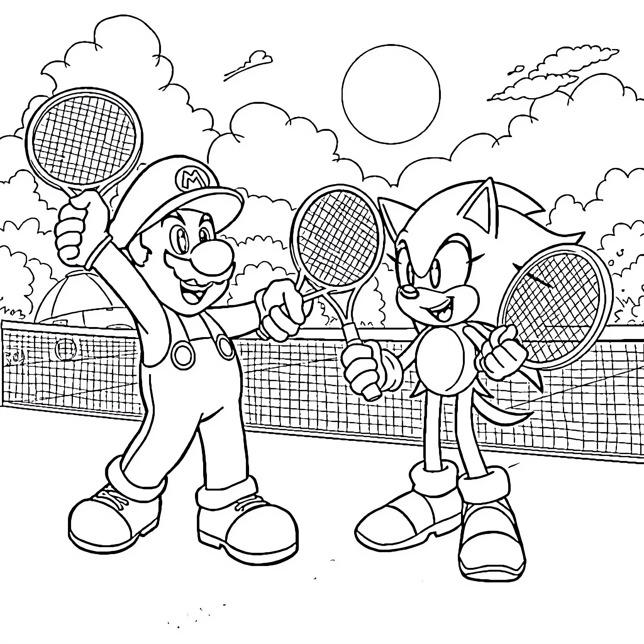 Mario and Sonic Playing Tennis in the Park Coloring Page (free black-and-white line drawing printable PDF for all, from beginners to advanced learners, including children, teens, adults, and seniors)