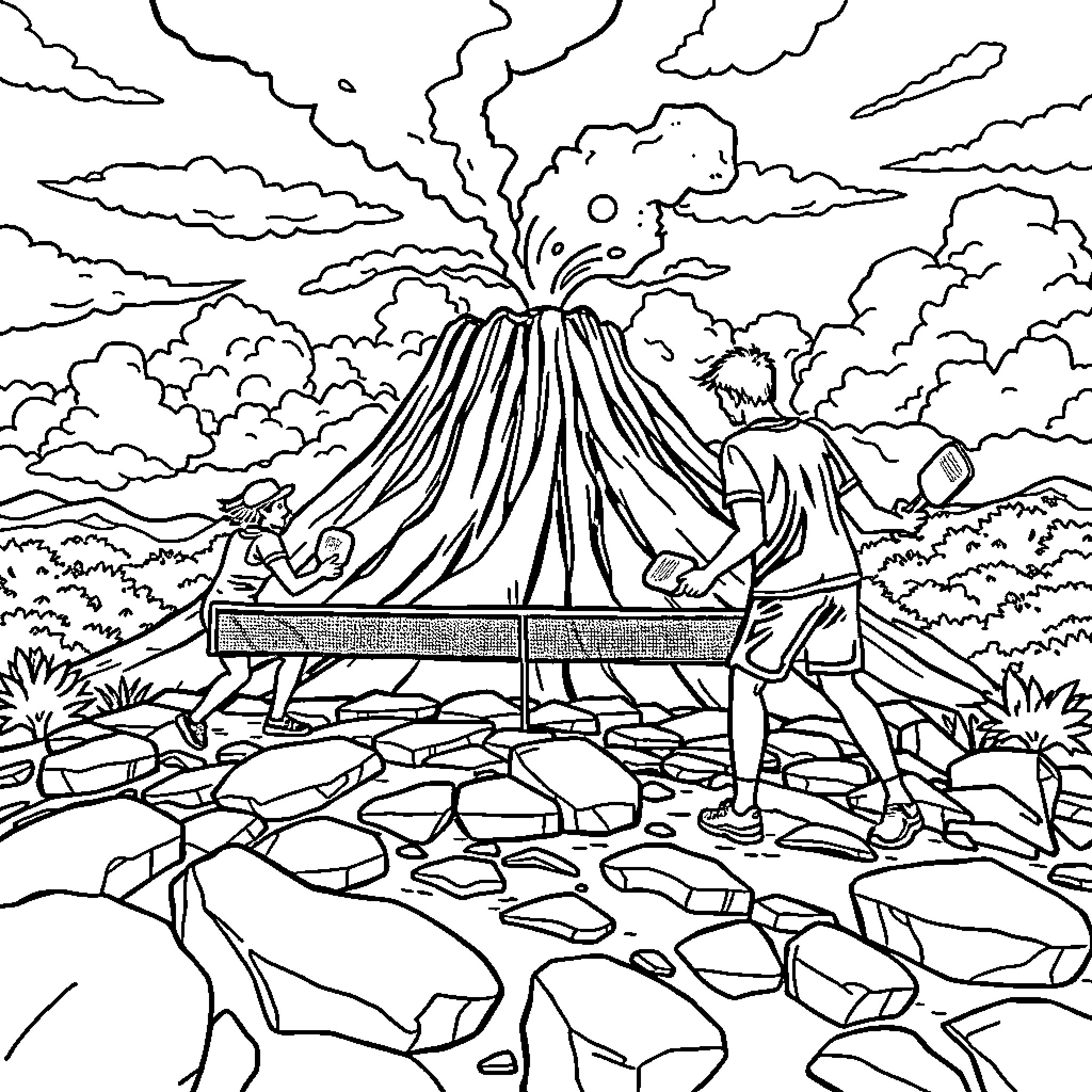 Pickleball players battling amid volcanic eruption Coloring Page (free black-and-white line drawing printable PDF for all, from beginners to advanced learners, including children, teens, adults, and seniors)