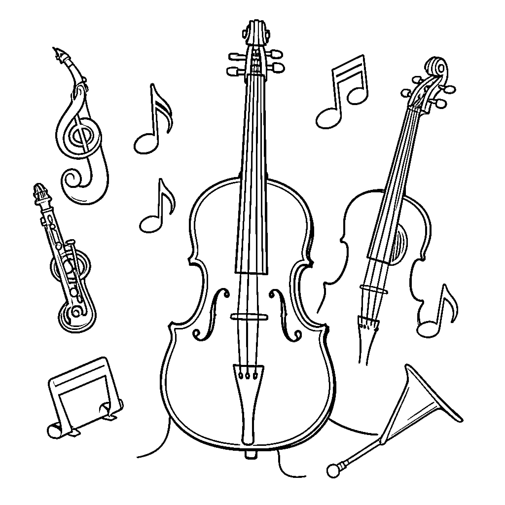 Music instruments floating amidst dancing musical notes Coloring Page (free black-and-white line drawing printable PDF for all, from beginners to advanced learners, including children, teens, adults, and seniors)