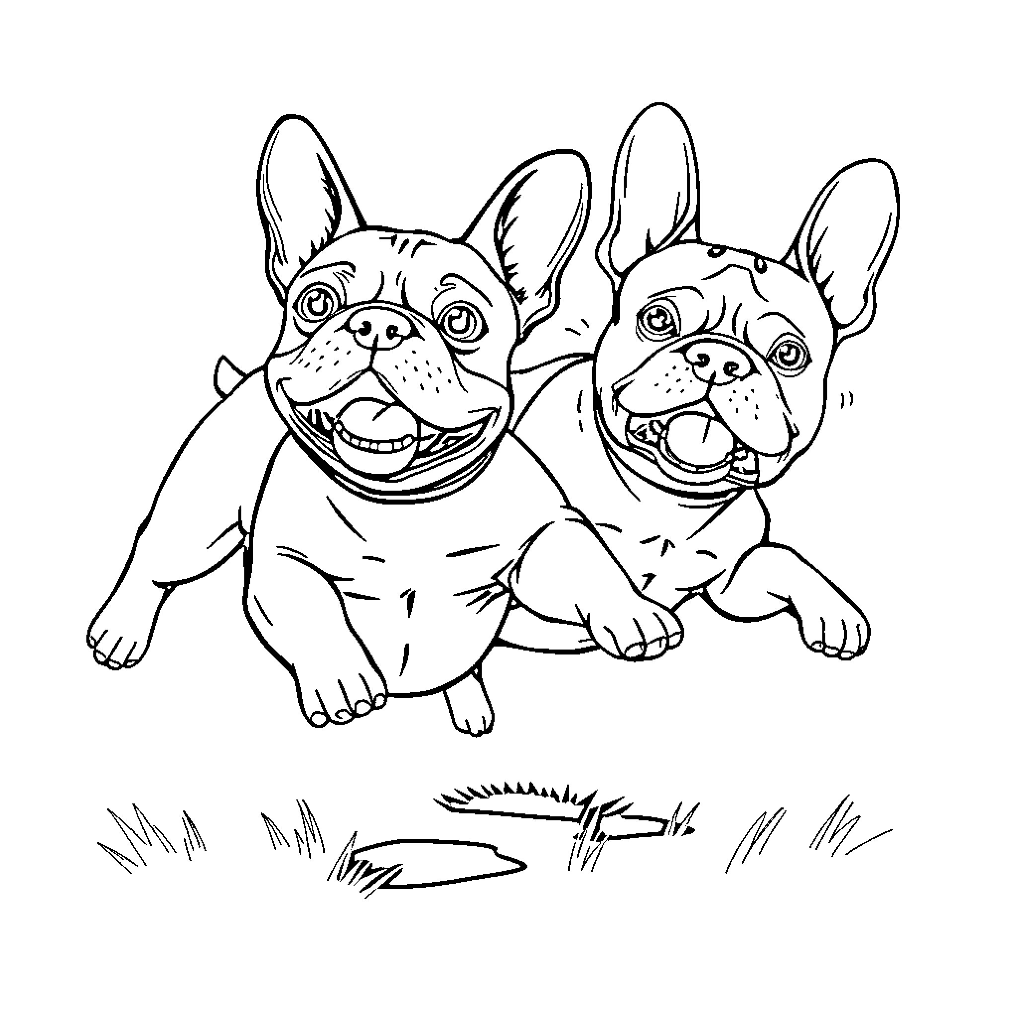 Bulldogs playing happily in the grass Coloring Page (free black-and-white line drawing printable PDF for all, from beginners to advanced learners, including children, teens, adults, and seniors)