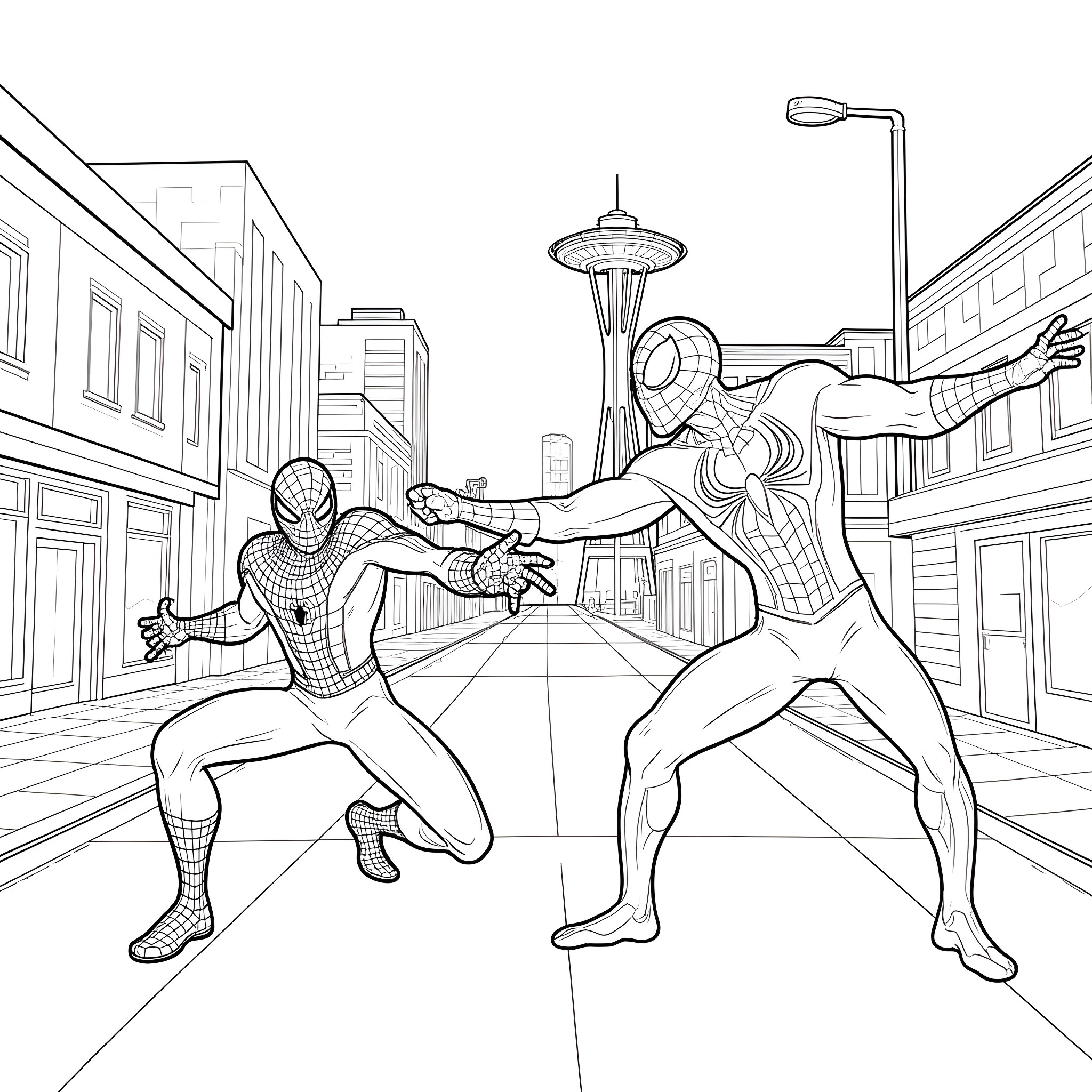 Spiderman's heroic actions in the city Coloring Page (free black-and-white line drawing printable PDF for all, from beginners to advanced learners, including children, teens, adults, and seniors)