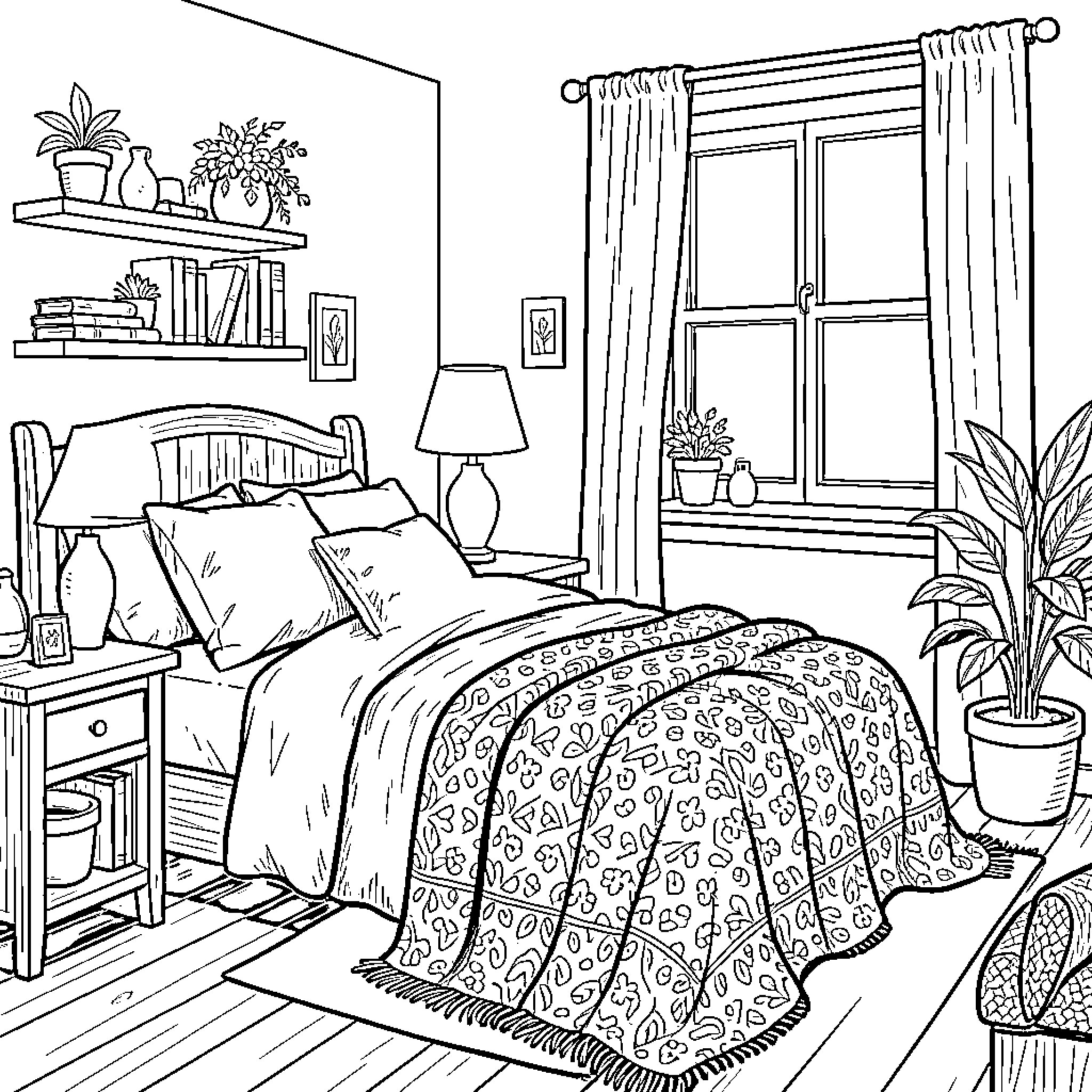 Cozy bedroom scene with plants and a comfortable bed Coloring Page (free black-and-white line drawing printable PDF for all, from beginners to advanced learners, including children, teens, adults, and seniors)
