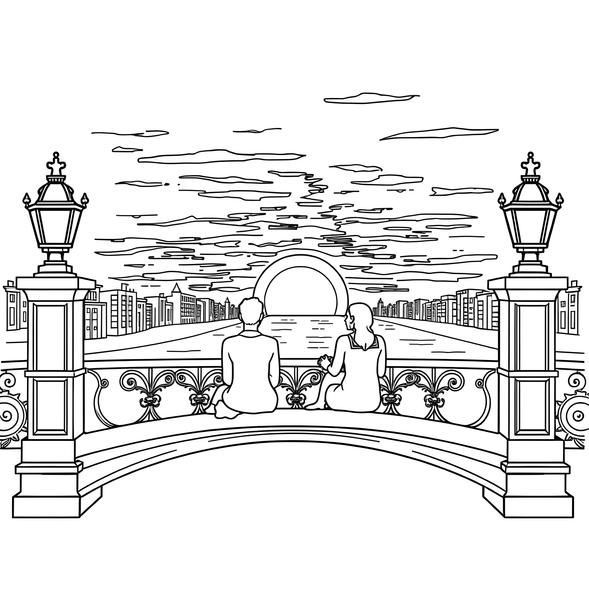 People enjoying a scenic view on a city bridge Coloring Page (free black-and-white line drawing printable PDF for all, from beginners to advanced learners, including children, teens, adults, and seniors)