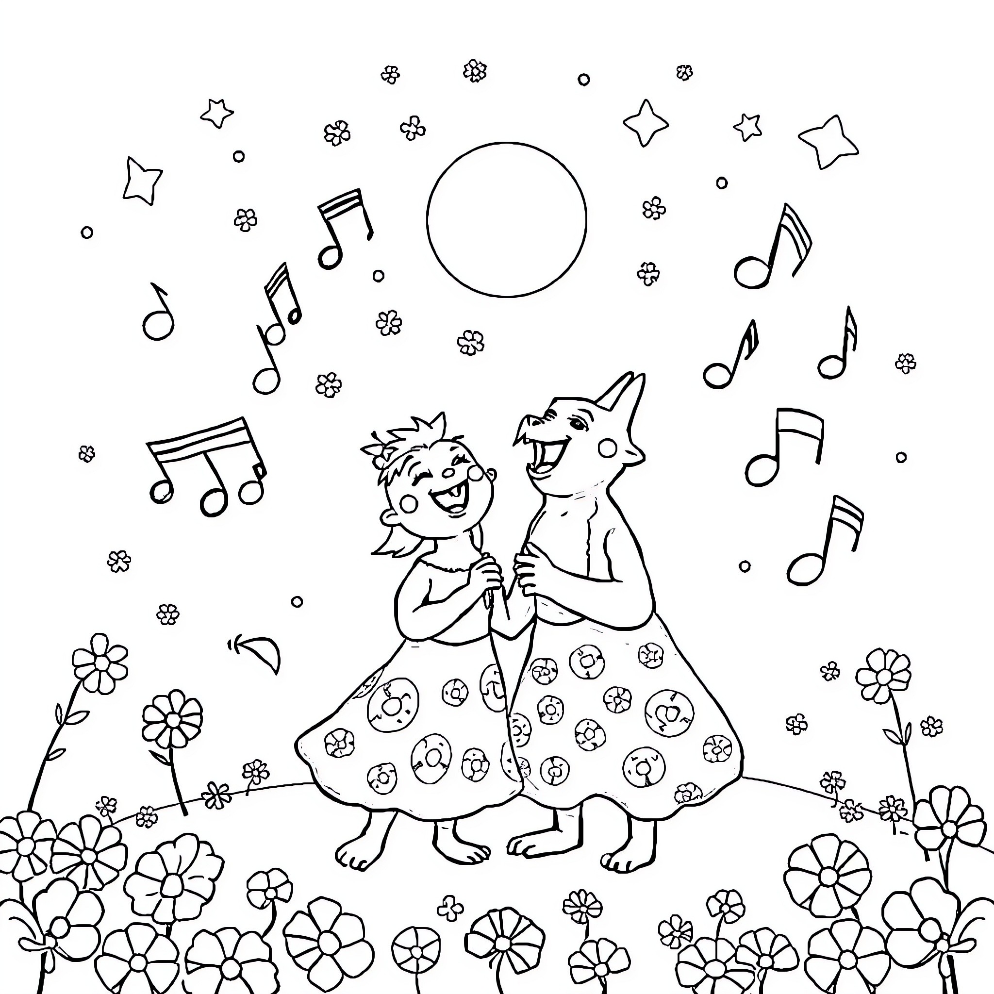 Tralalero figures dancing under the stars Coloring Page (free black-and-white line drawing printable PDF for all, from beginners to advanced learners, including children, teens, adults, and seniors)