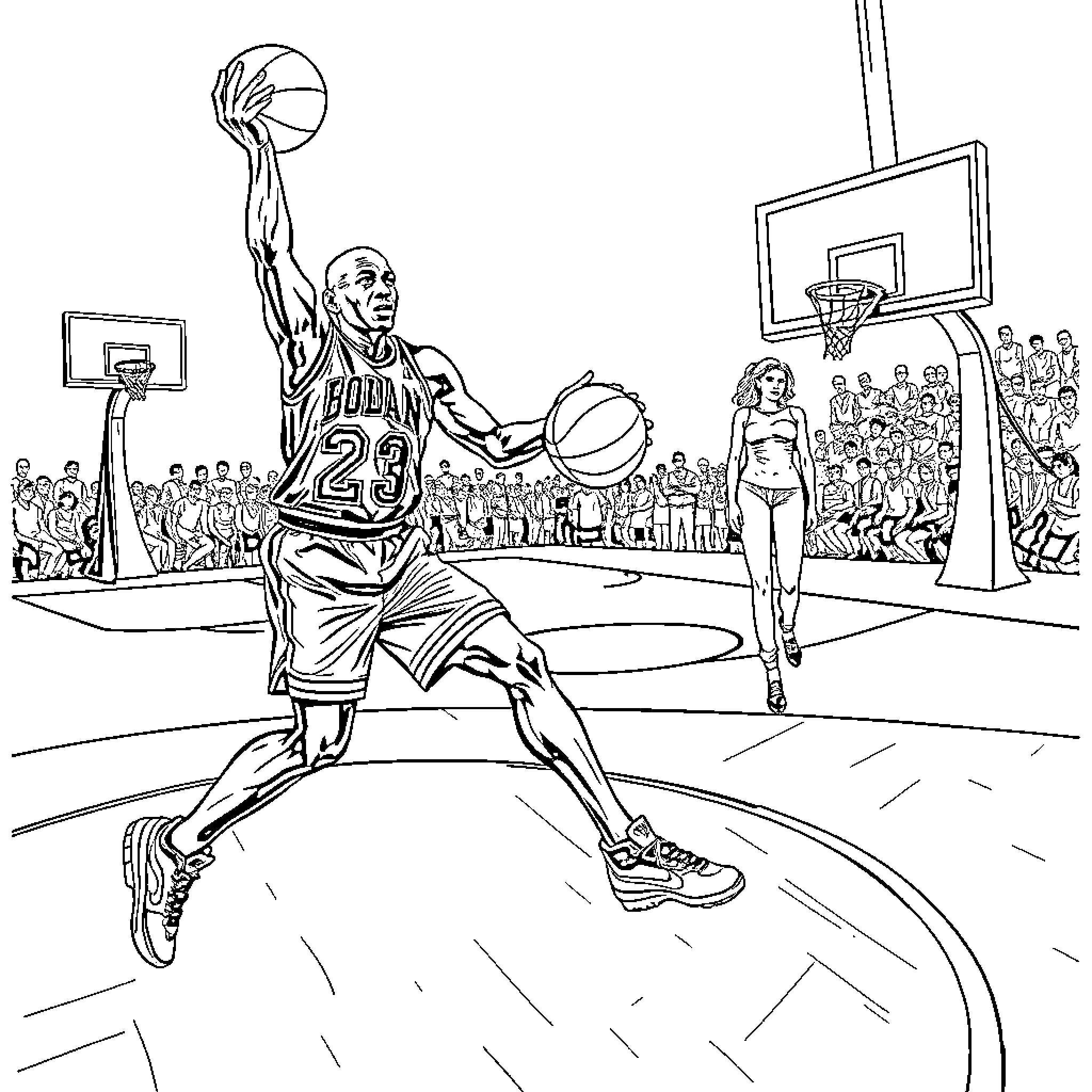 Michael Jordan dunking on basketball court Coloring Page (free black-and-white line drawing printable PDF for all, from beginners to advanced learners, including children, teens, adults, and seniors)
