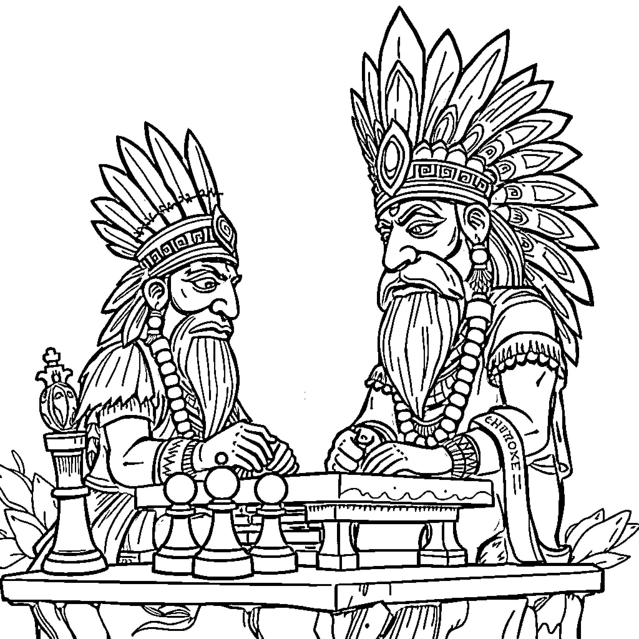 Totem of Ancient Tribal Leaders Playing Chess Coloring Page (free black-and-white line drawing printable PDF for all, from beginners to advanced learners, including children, teens, adults, and seniors)