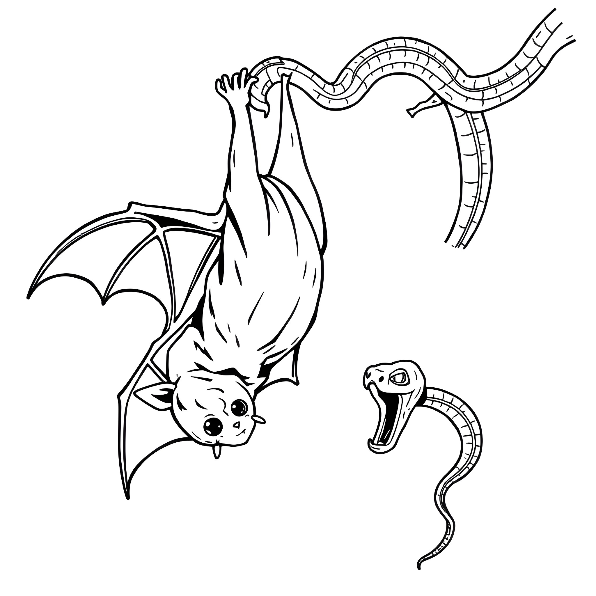 Bat hanging upside down and snake slithering Coloring Page (free black-and-white line drawing printable PDF for all, from beginners to advanced learners, including children, teens, adults, and seniors)