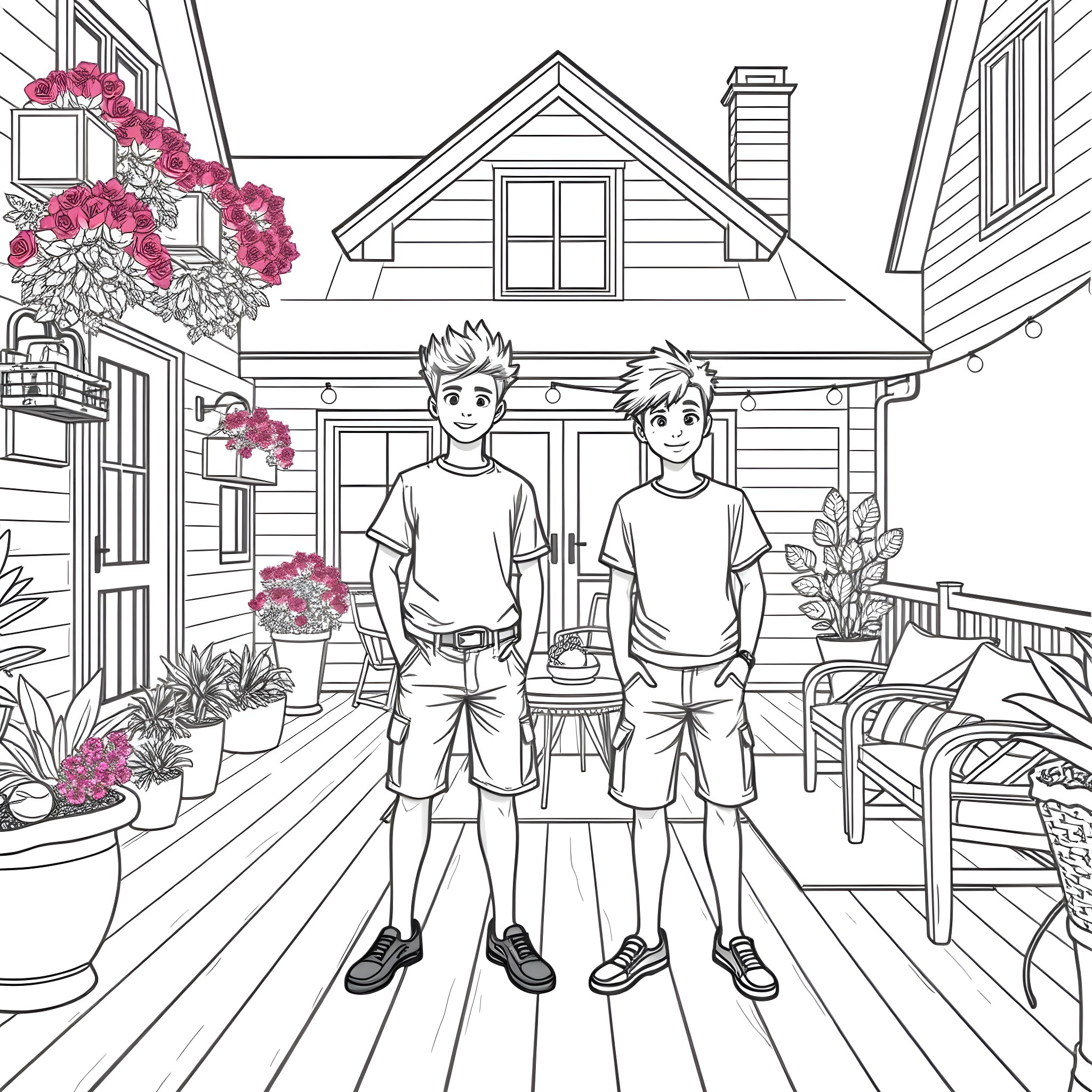 Teen Guys Enjoying Outdoor Scenery at a Cozy Home Coloring Page (free black-and-white line drawing printable PDF for all, from beginners to advanced learners, including children, teens, adults, and seniors)