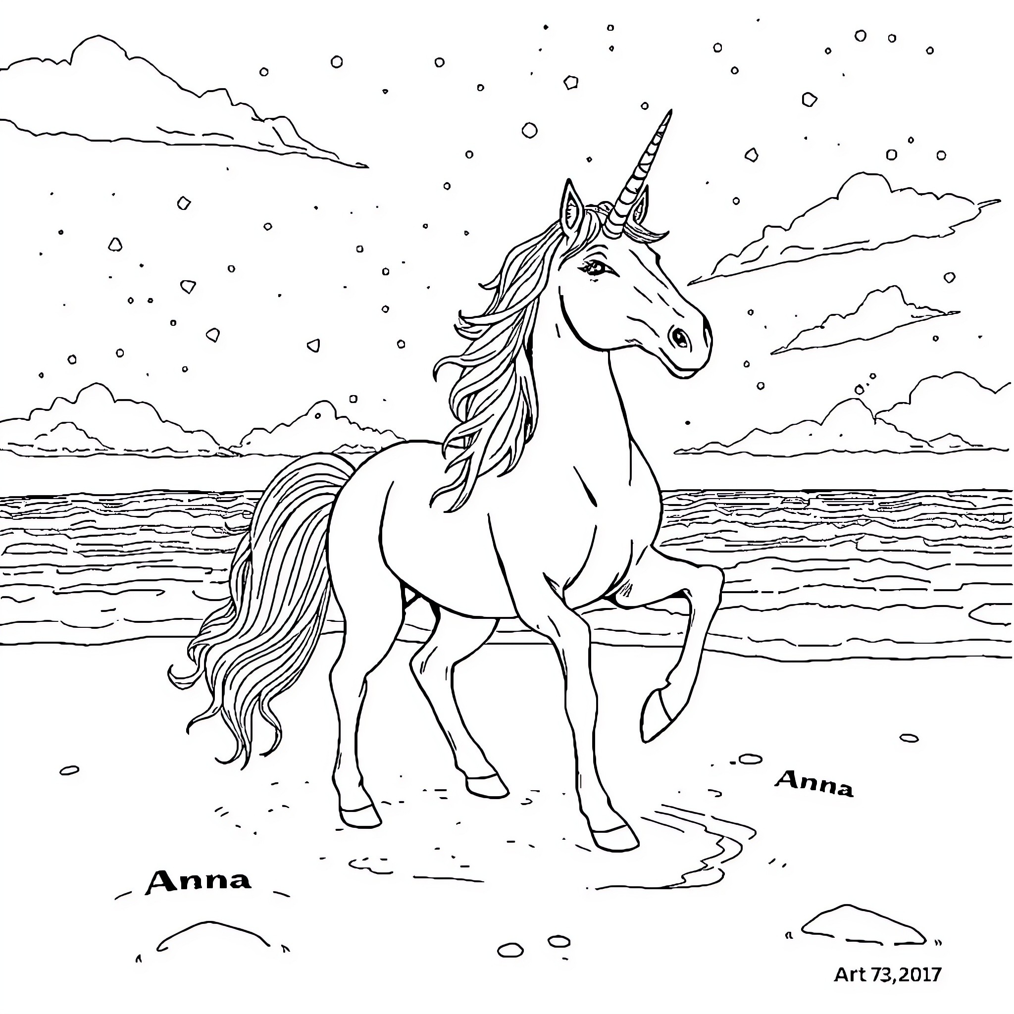 Unicorn running gracefully on the beach Coloring Page (free black-and-white line drawing printable PDF for all, from beginners to advanced learners, including children, teens, adults, and seniors)