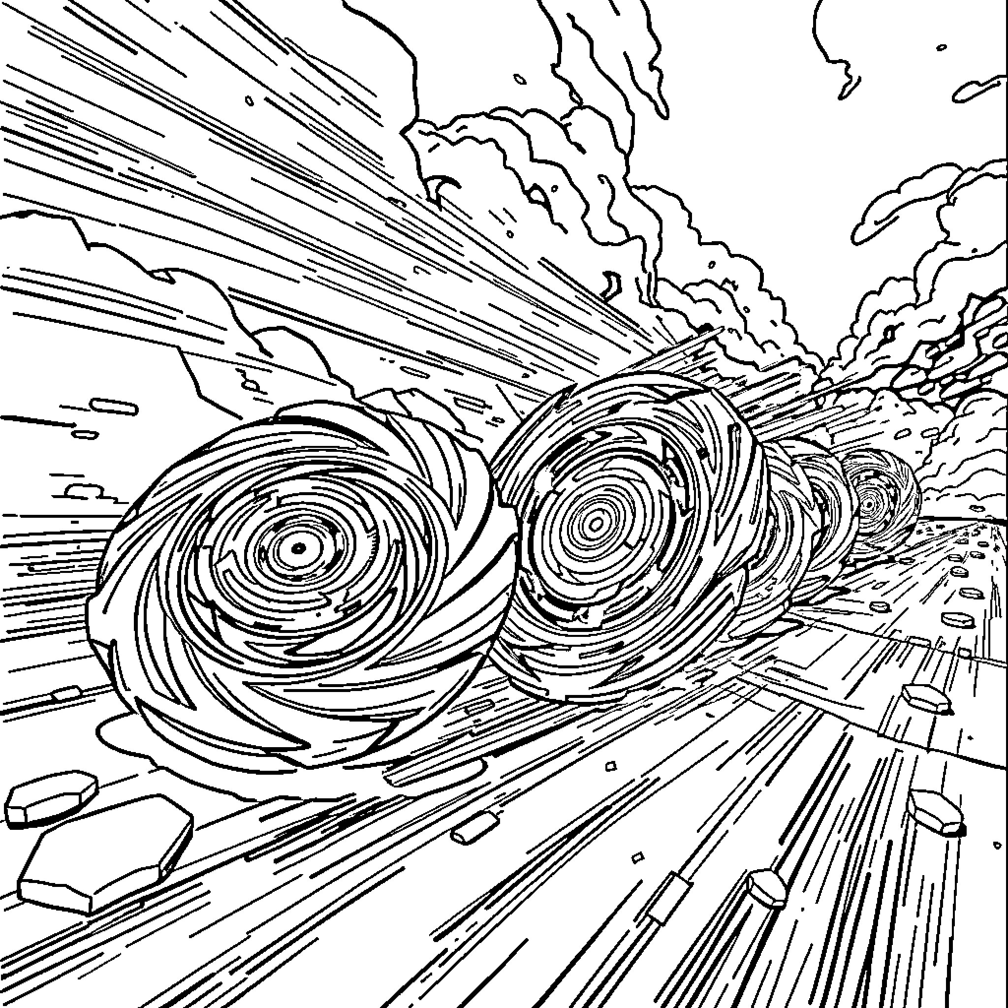 Beyblade Spinning with Intense Speed and Motion Coloring Page (free black-and-white line drawing printable PDF for all, from beginners to advanced learners, including children, teens, adults, and seniors)